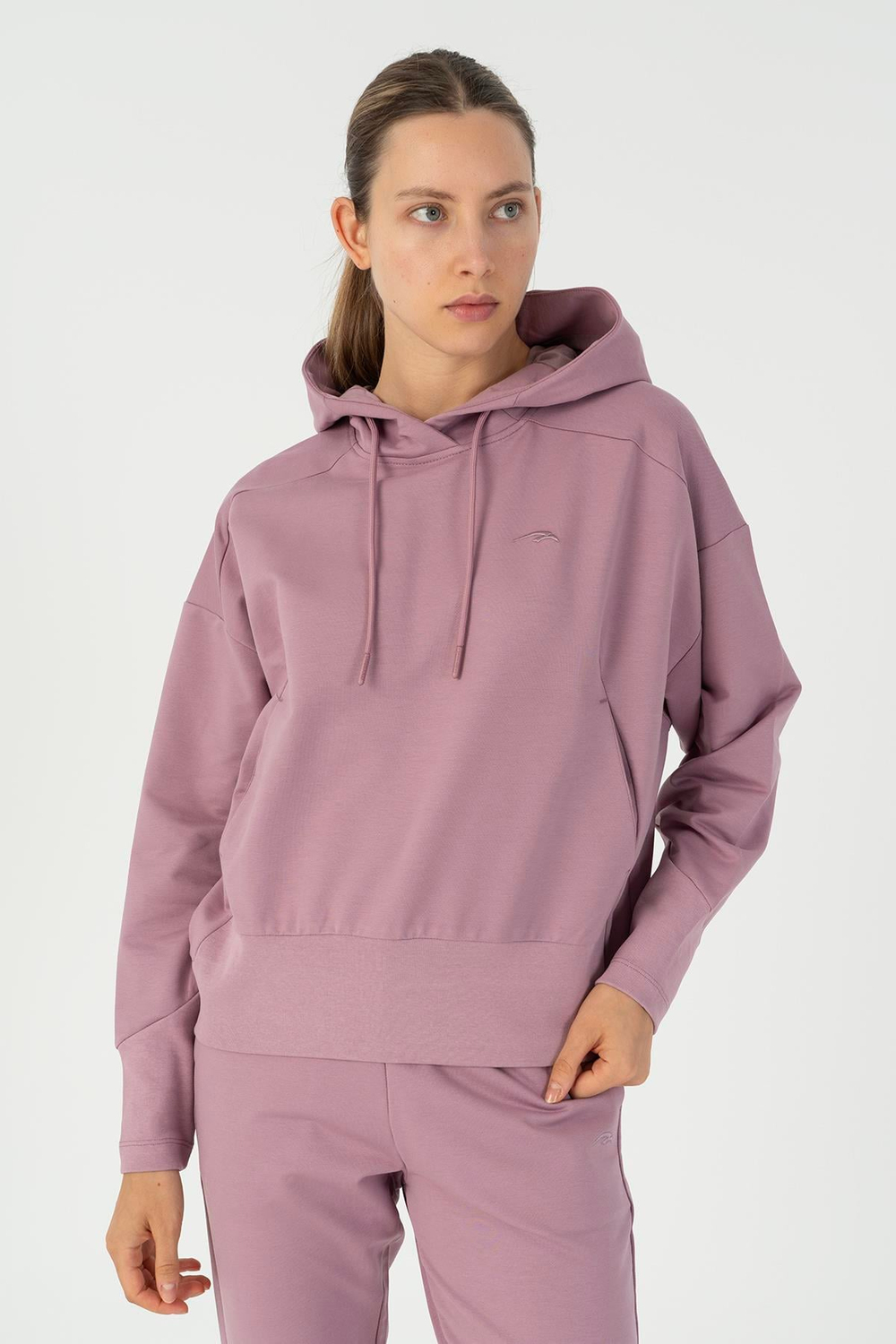 Maraton Sportswear Oversize Kadın Kapşonlu  Uzun Kol Basic Lila Sweatshirt 23053