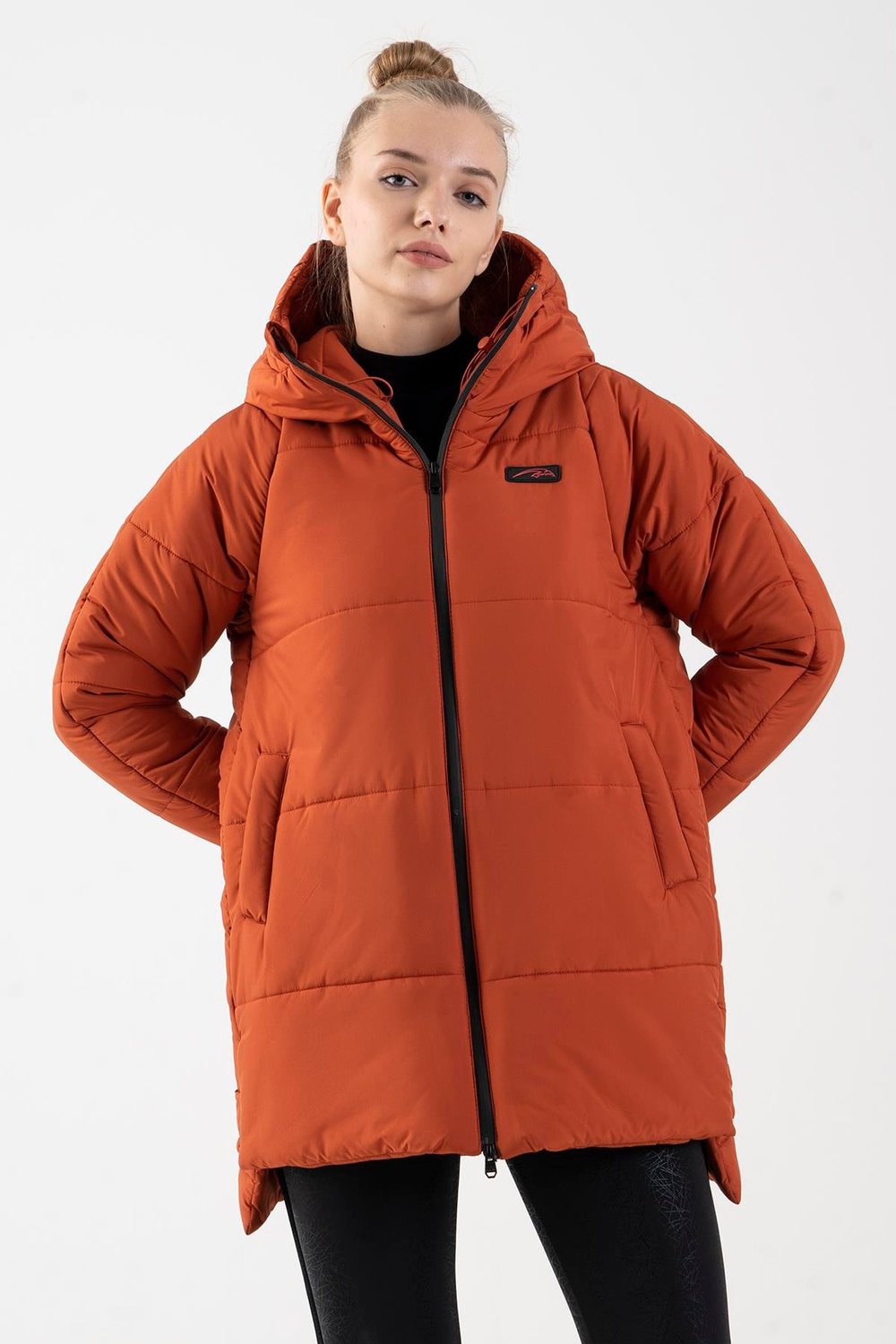Maraton Sportswear Oversize Kadın Kapşonlu  Uzun Kol Basic Kiremit Mont 21903