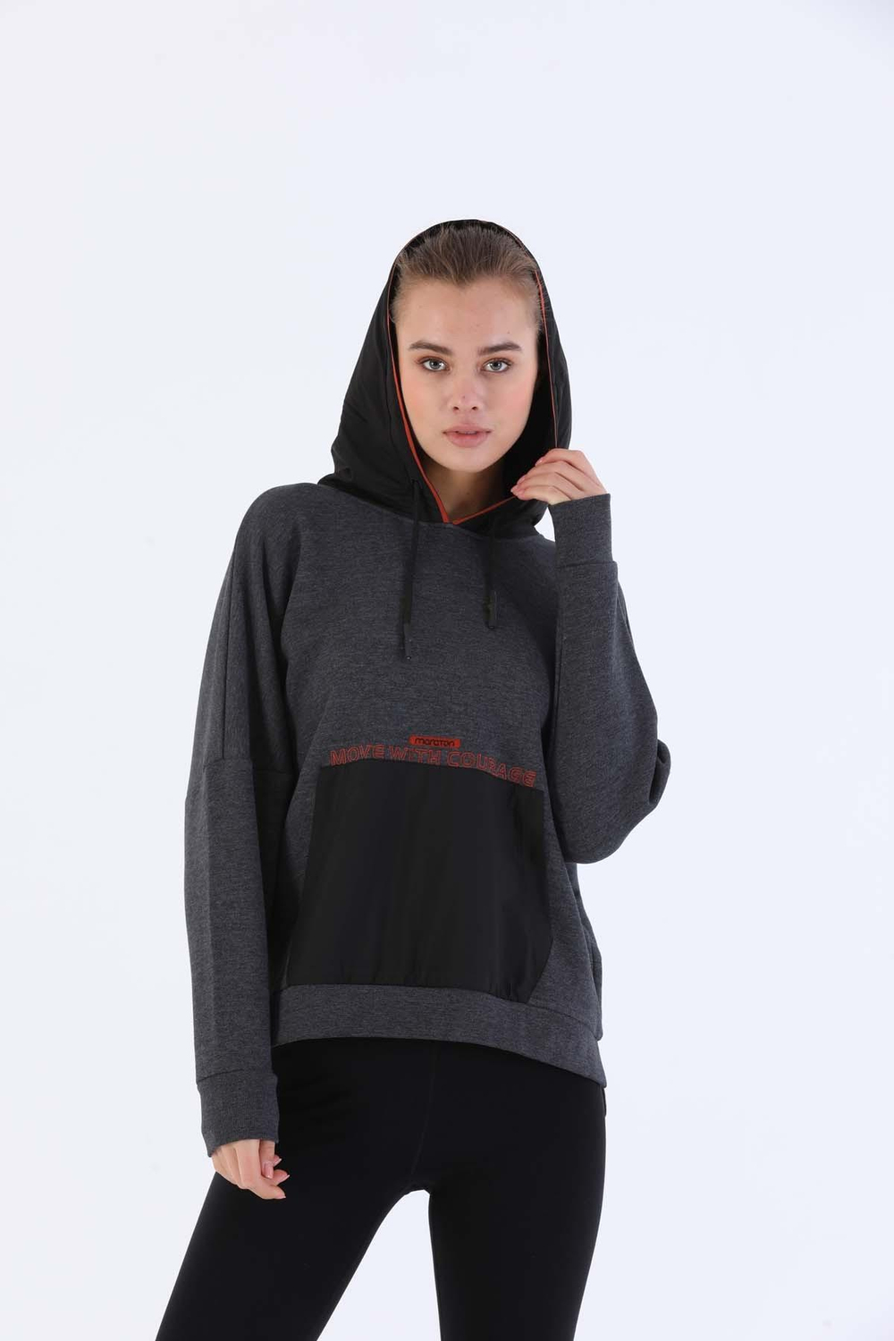 Maraton Sportswear Oversize Kadın Kapşonlu  Uzun Kol Basic Siyahmelanj Sweatshirt 20353