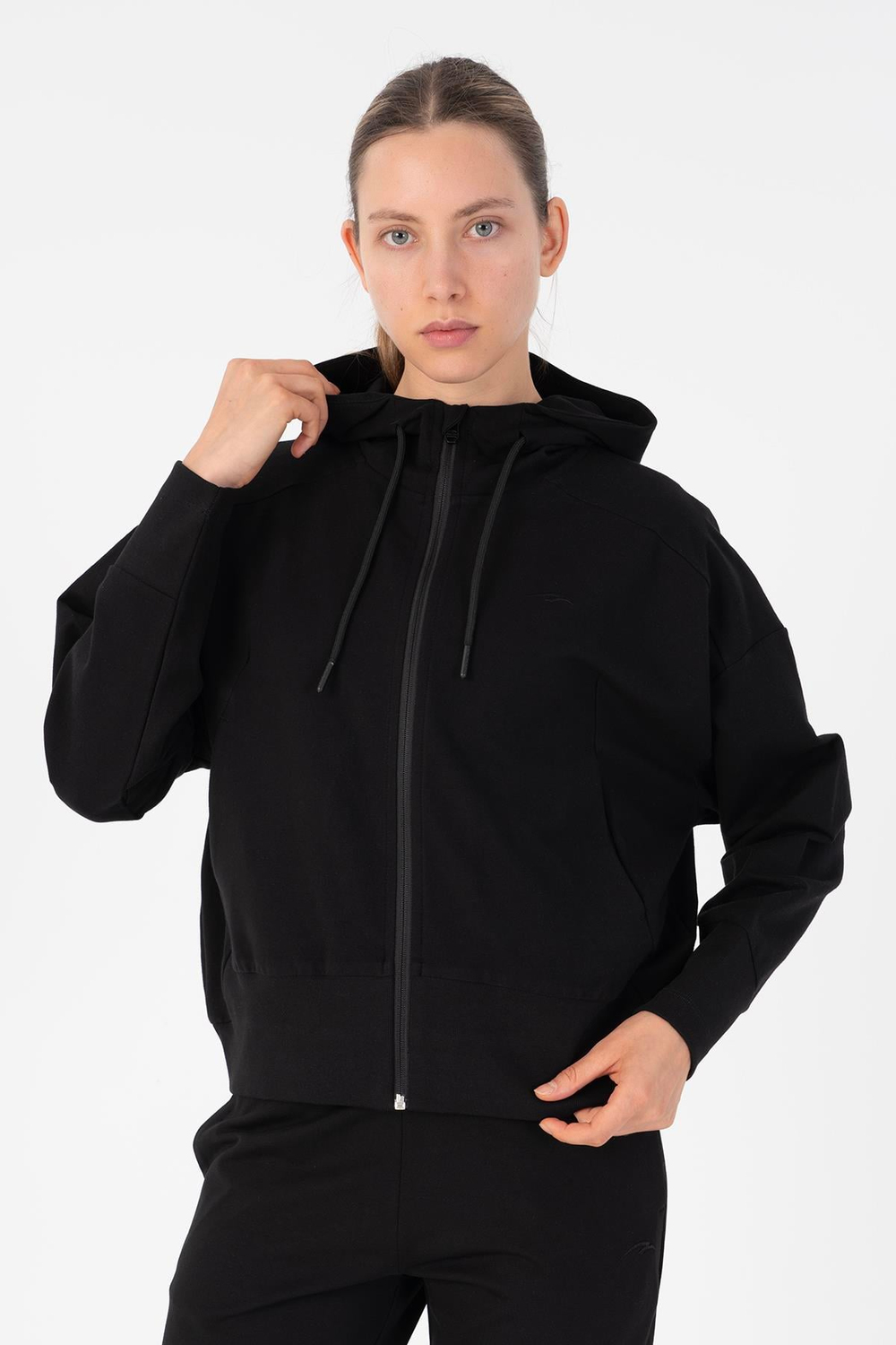 Maraton Sportswear Oversize Kadın Kapşonlu  Uzun Kol Basic Siyah Tracktop 23052
