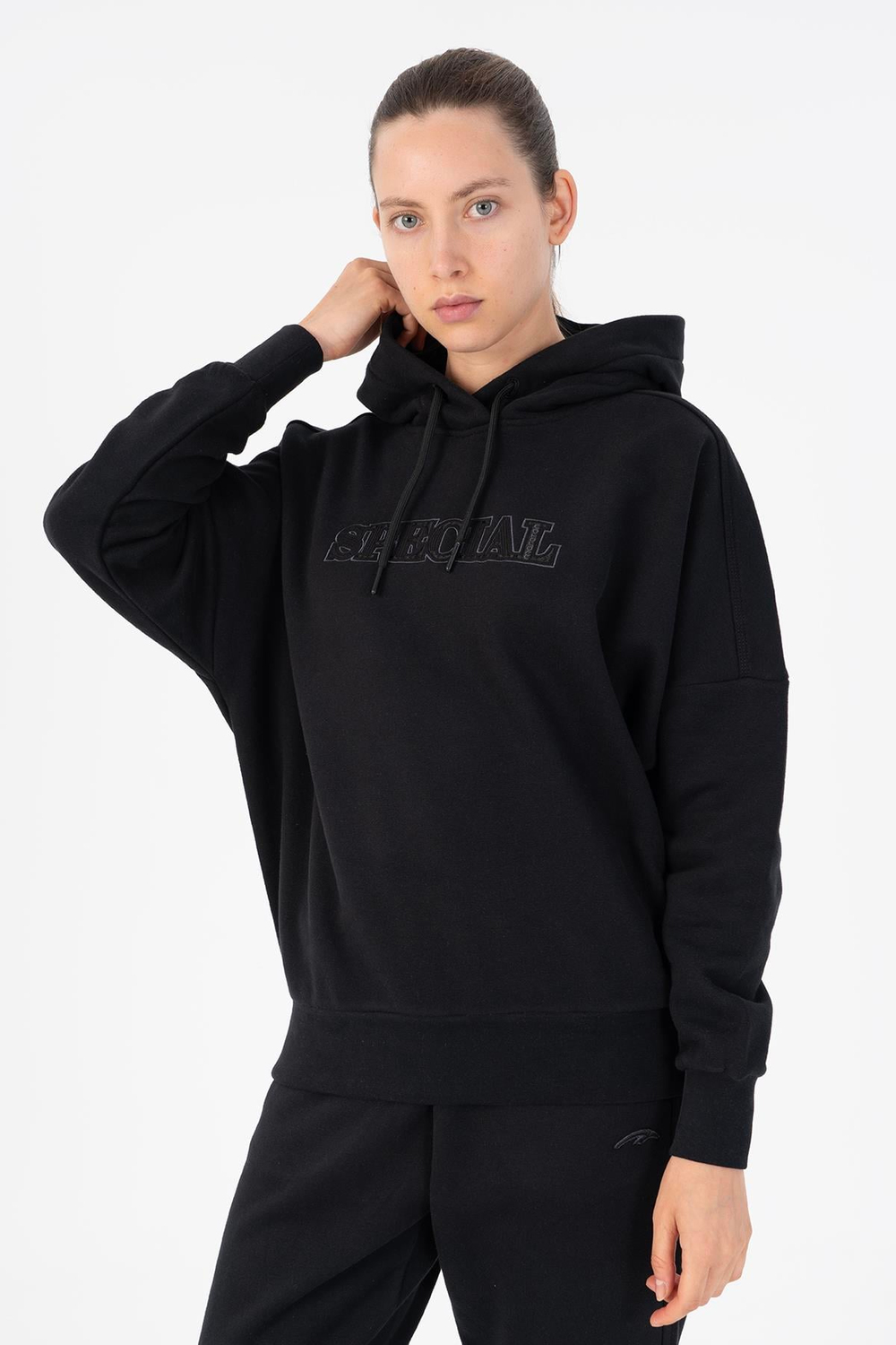 Maraton Sportswear Oversize Kadın Kapşonlu  Uzun Kol Basic Siyah Sweatshirt 22292