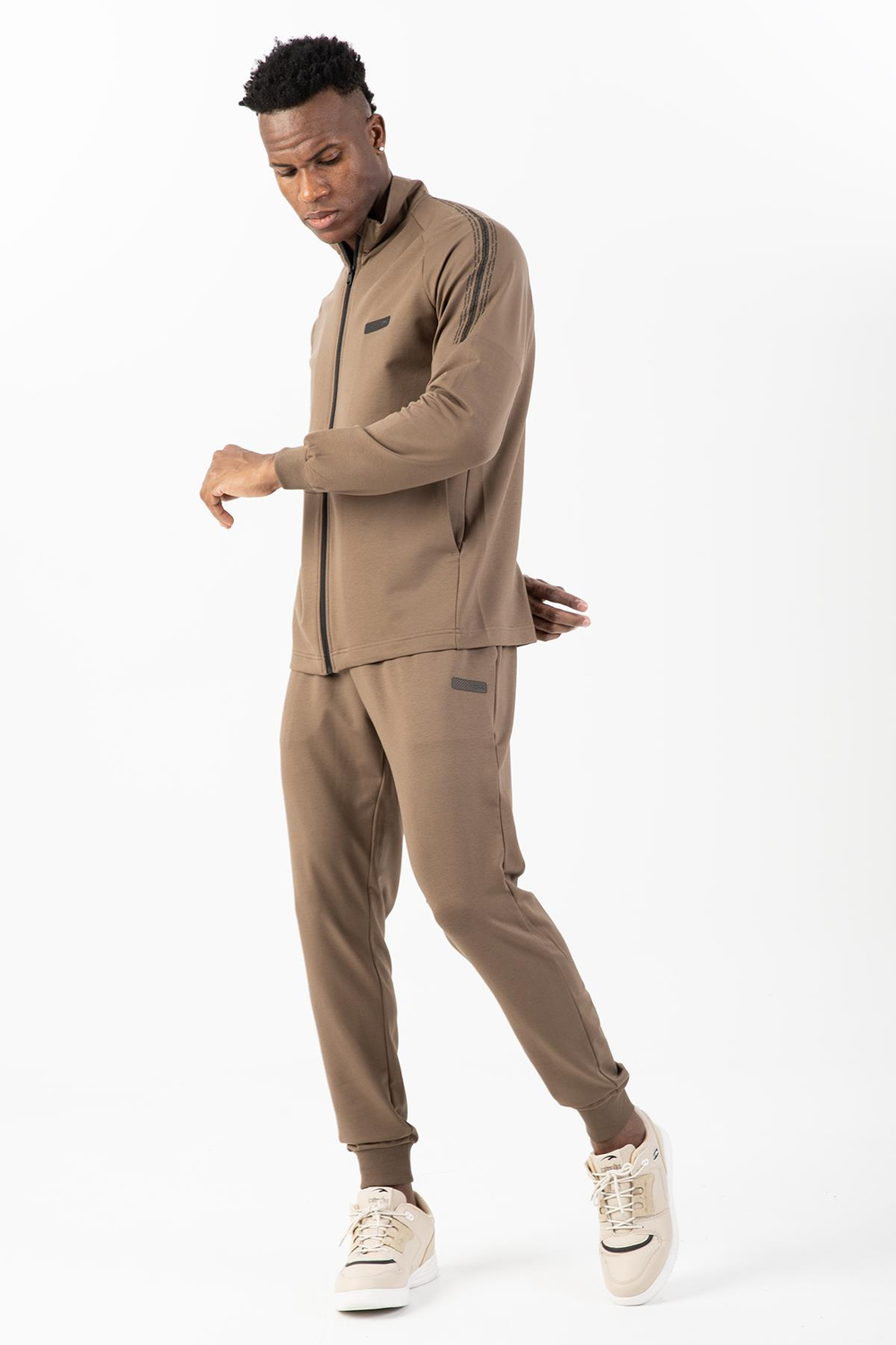 Maraton Sportswear Regular Erkek Dik Yaka Ribana Paça Reglan Kol Basic Kakao Eşofman Takımı 22438