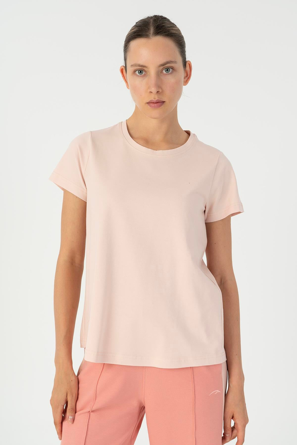 Maraton Sportswear Regular Kadın Bisiklet Yaka  Kısa Kol Basic Pudra T-shirt 23070