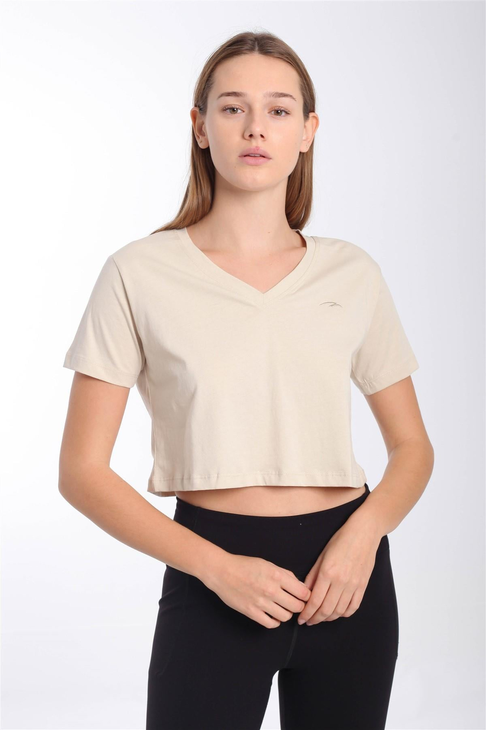 Maraton Sportswear Regular Kadın V Yaka  Kısa Kol Basic Crop Top 21236