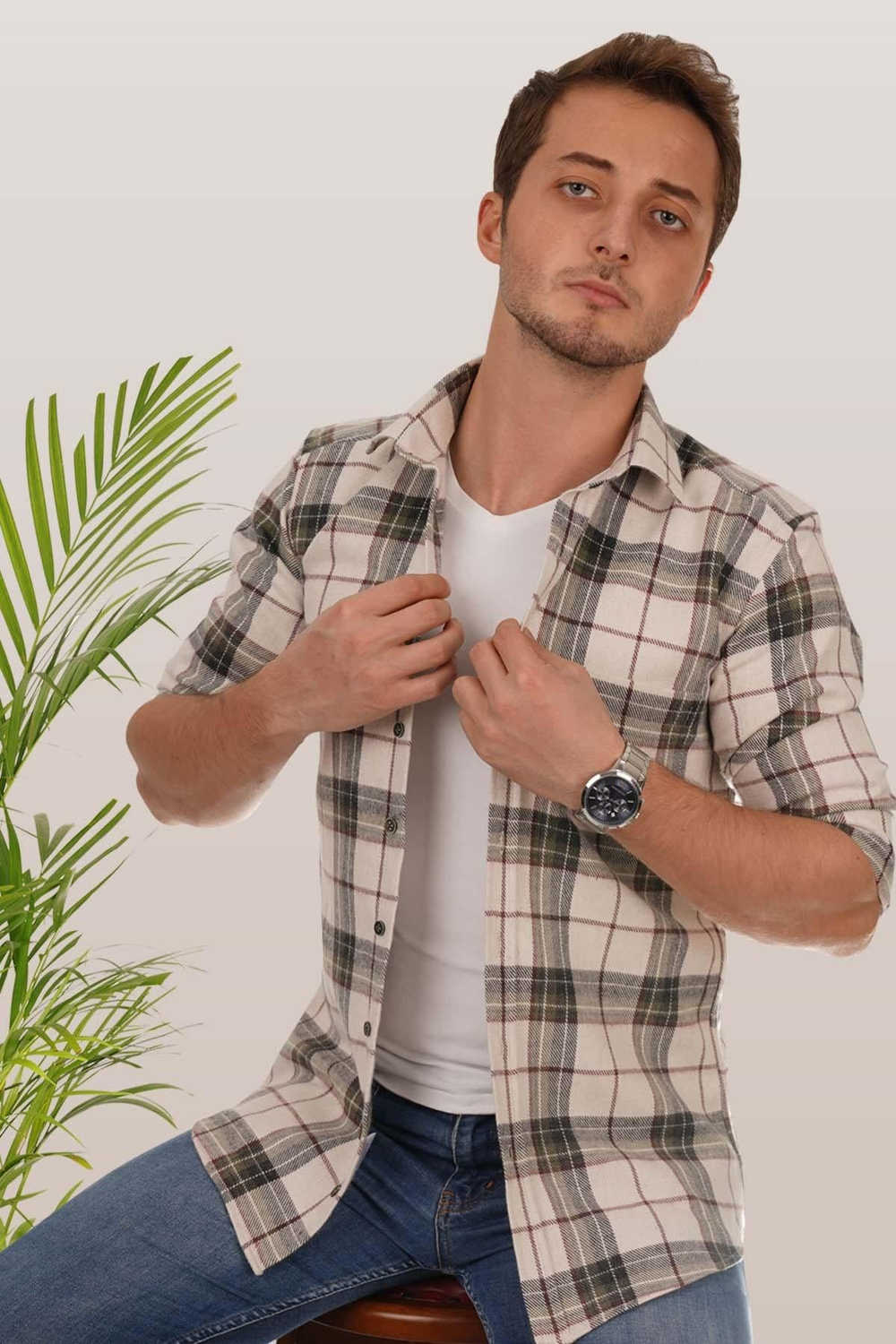 Krem Yeşil Desenli Slimfit Oduncu Erkek Gömlek