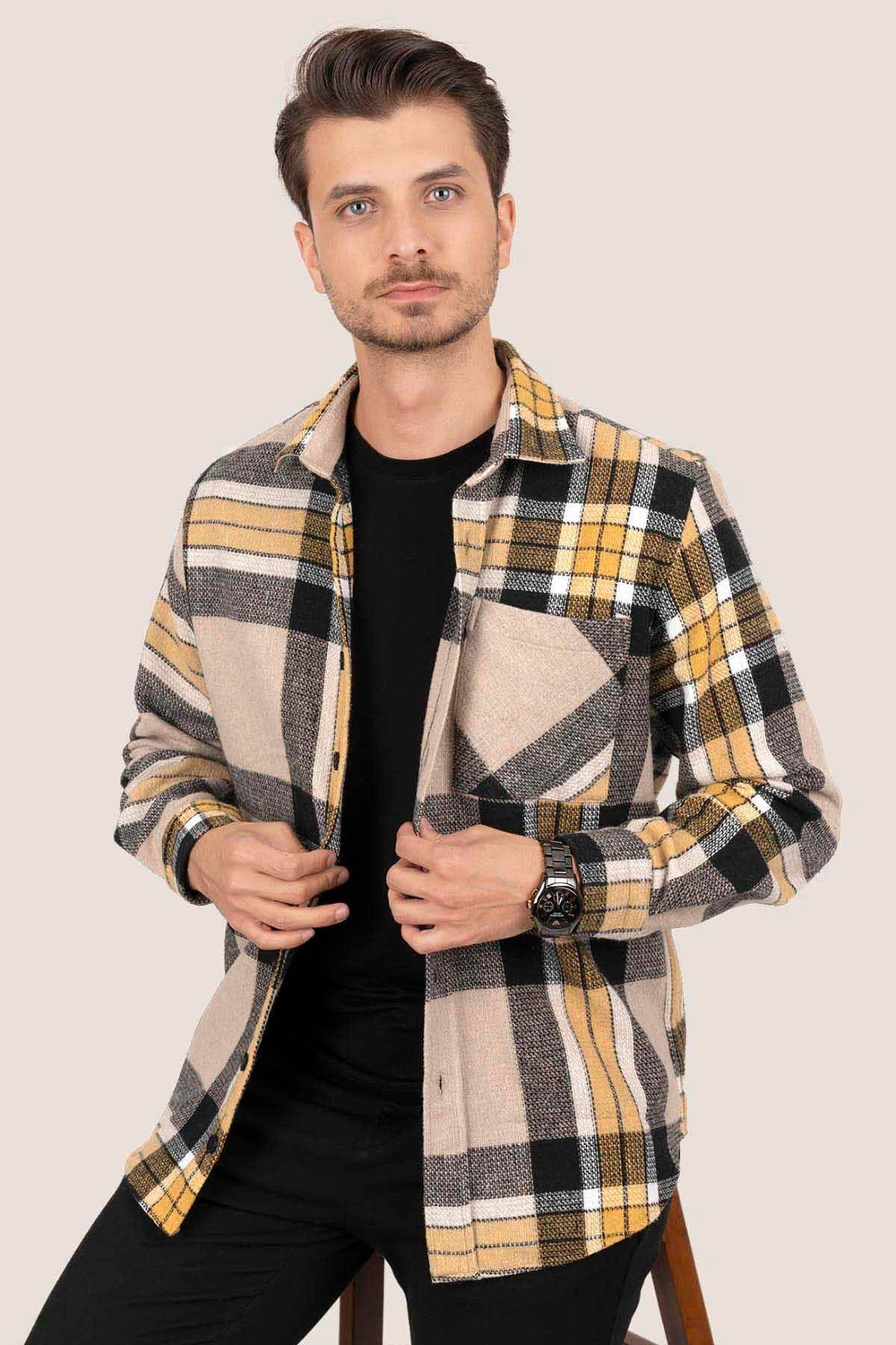 Sarı Siyah Geçişli Oversize Oduncu Erkek Gömlek