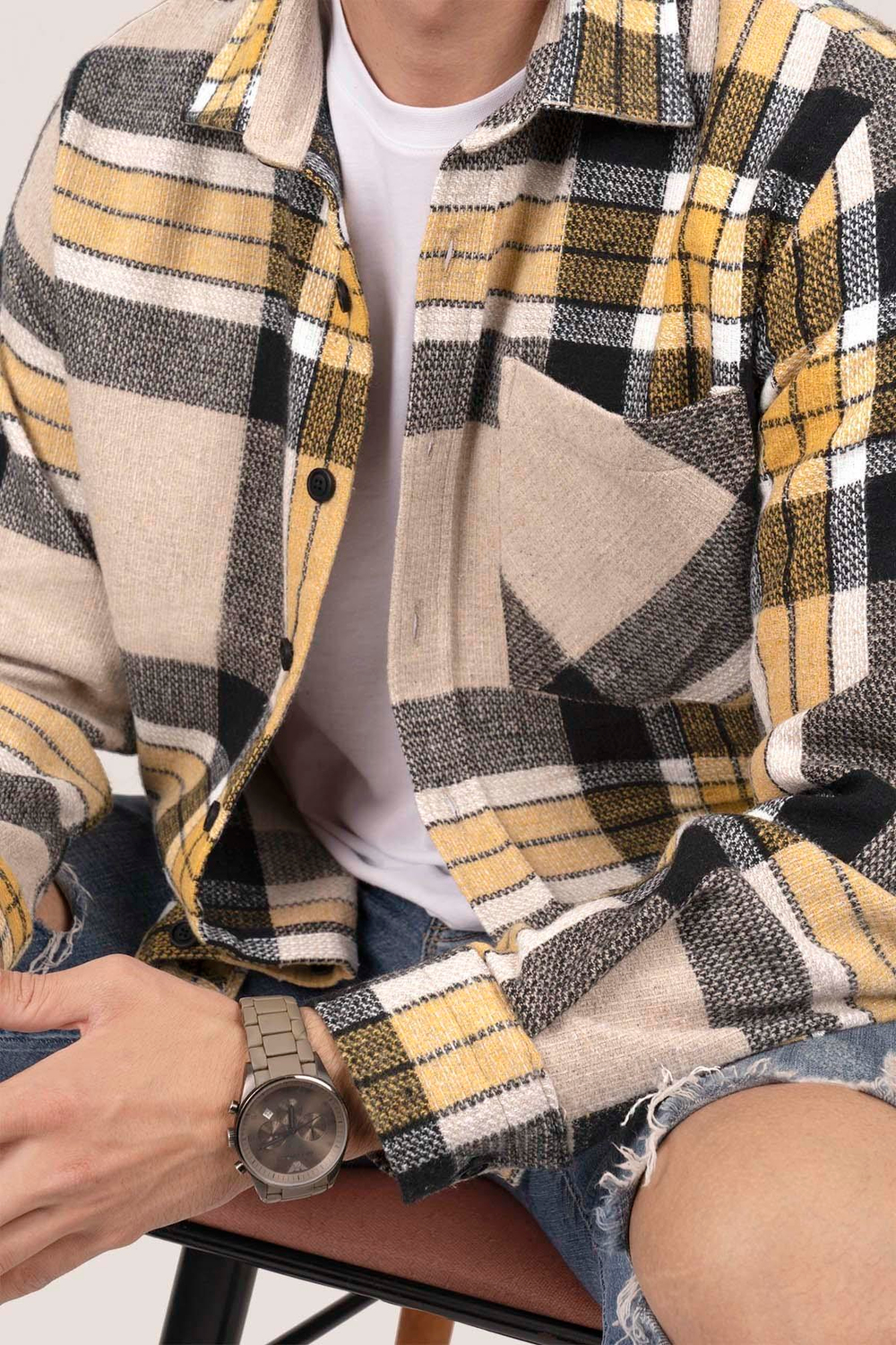 Sarı Siyah Geçişli Oversize Oduncu Erkek Gömlek
