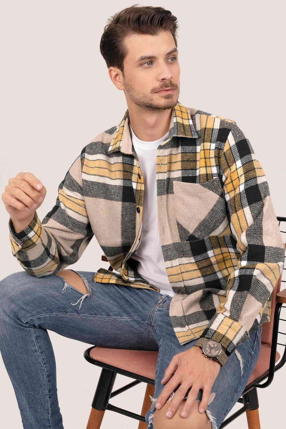 Sarı Siyah Geçişli Oversize Oduncu Erkek Gömlek
