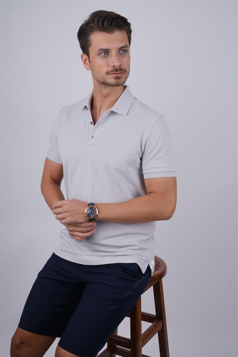 Taş Gri Yaka Desenli Erkek Polo Yaka Tişört
