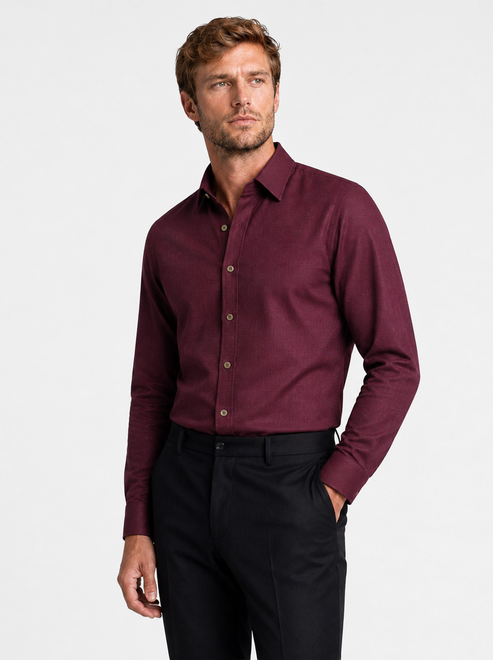 Bordo Kahve Düğmeli Slimfit Erkek Gömlek