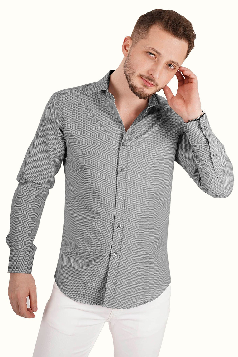 Gri Desenli Slimfit Erkek Gömlek