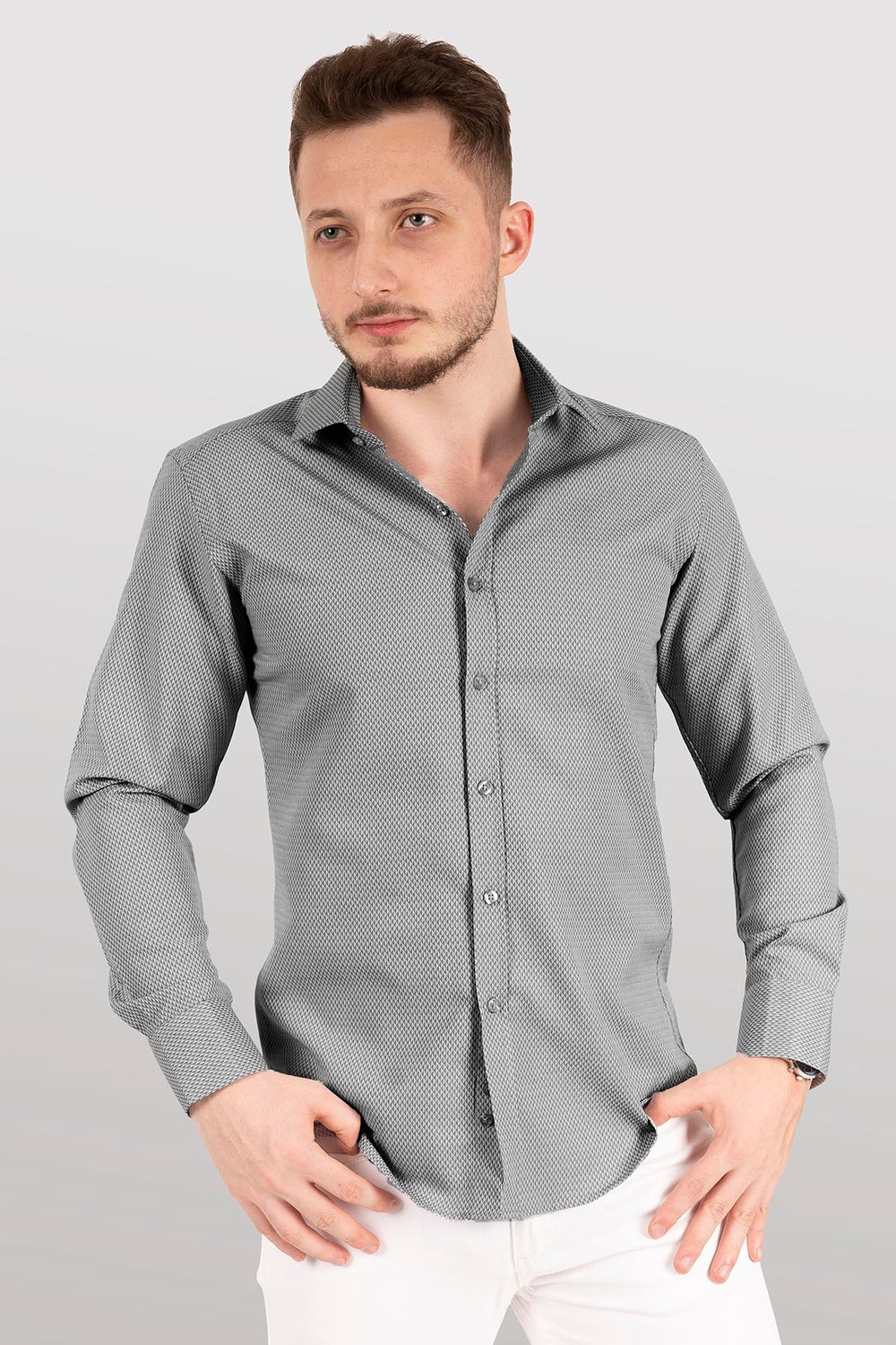 Gri Desenli Slimfit Erkek Gömlek