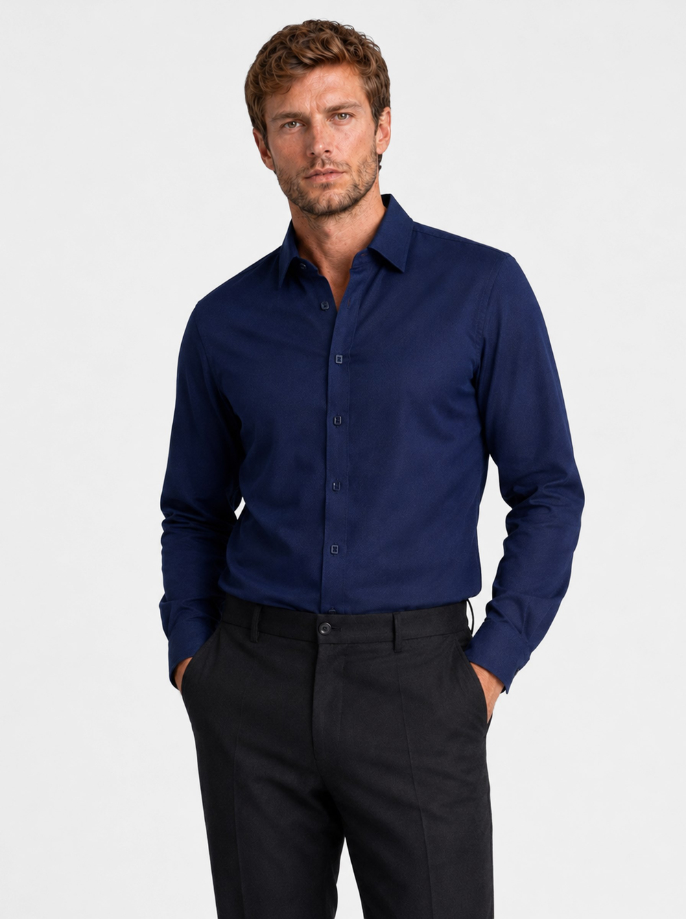 Lacivert Kare Düğmeli Slimfit Erkek Gömlek