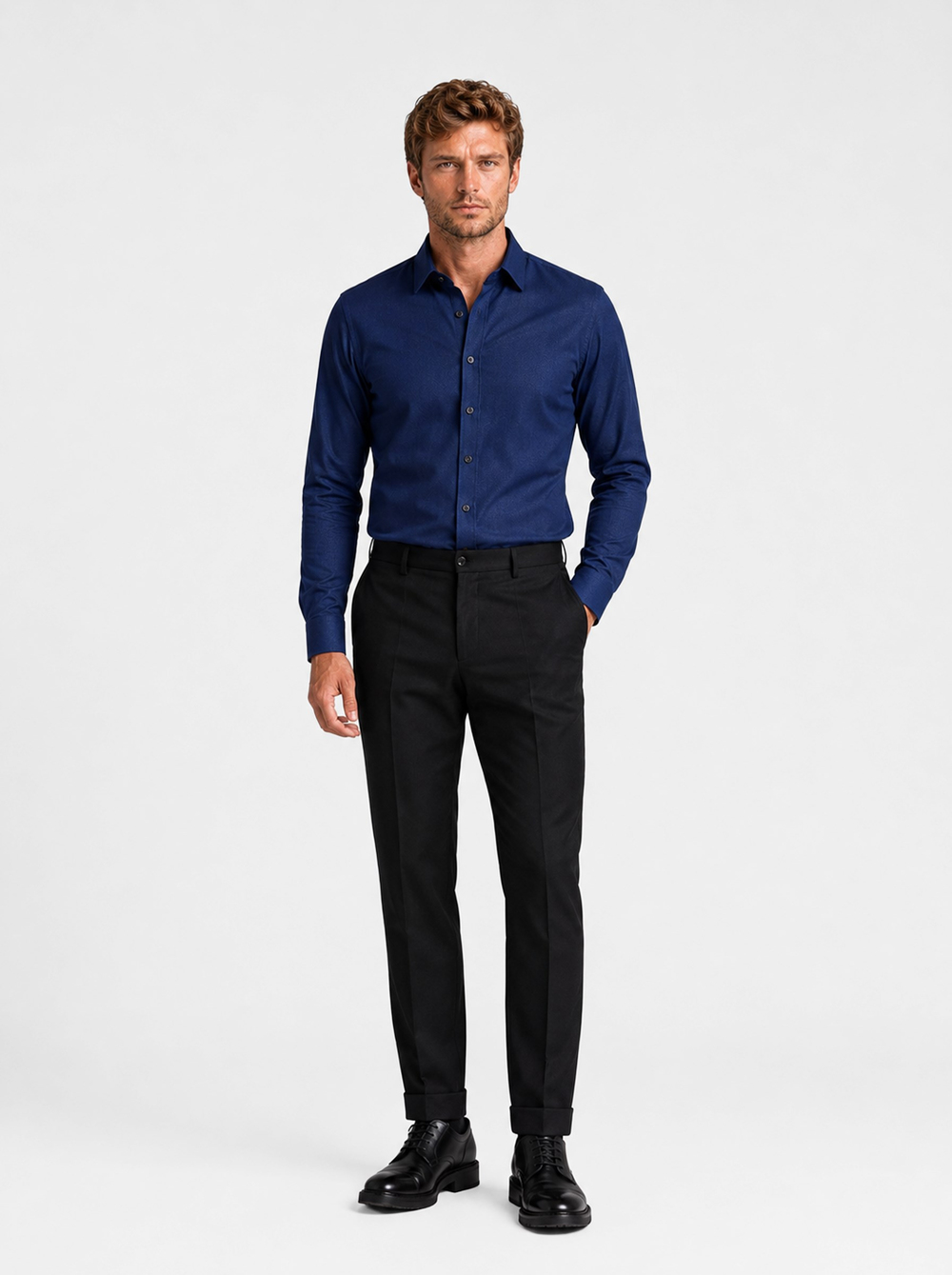 Lacivert Kare Düğmeli Slimfit Erkek Gömlek