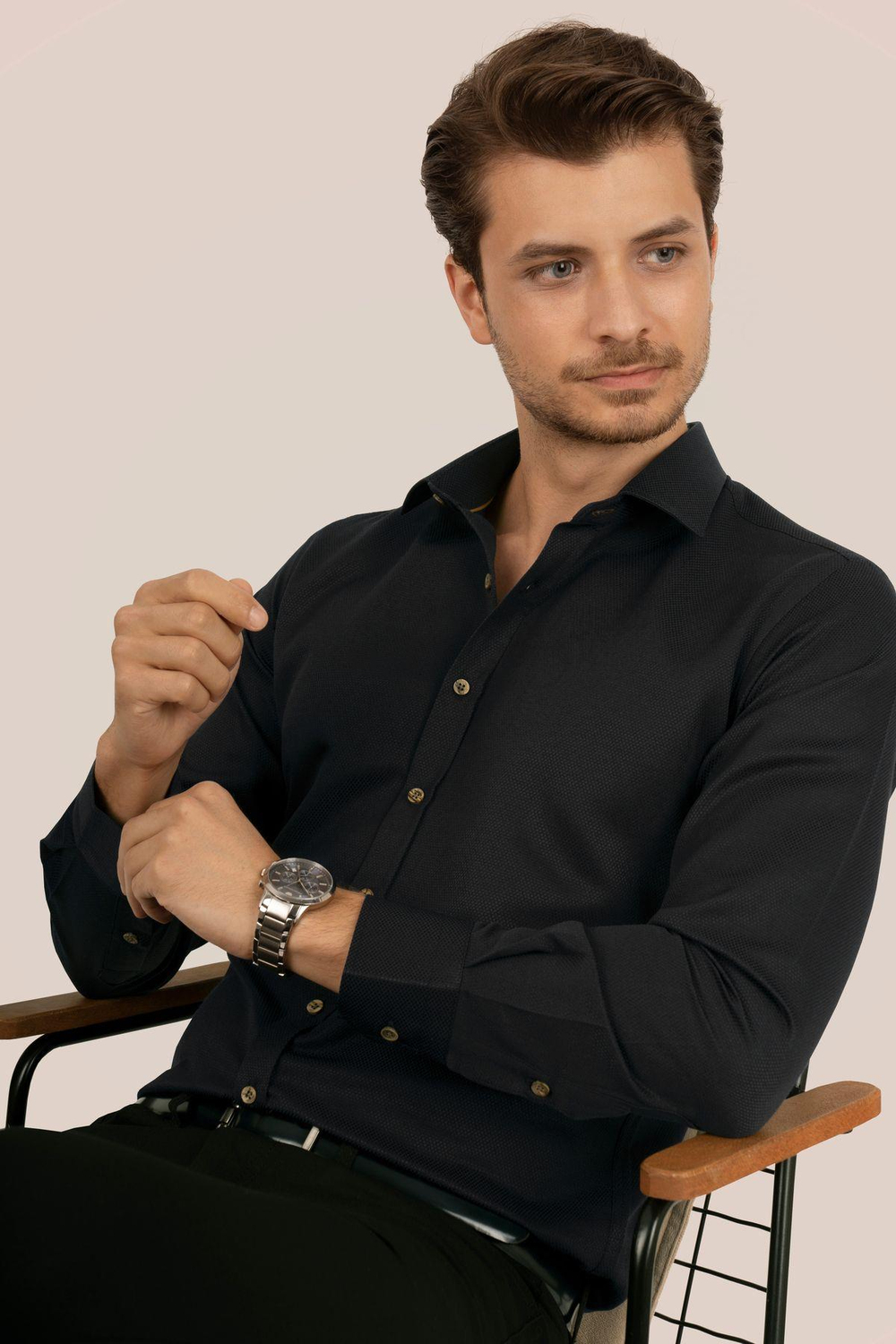 Siyah Kahve Düğmeli Slimfit Erkek Gömlek