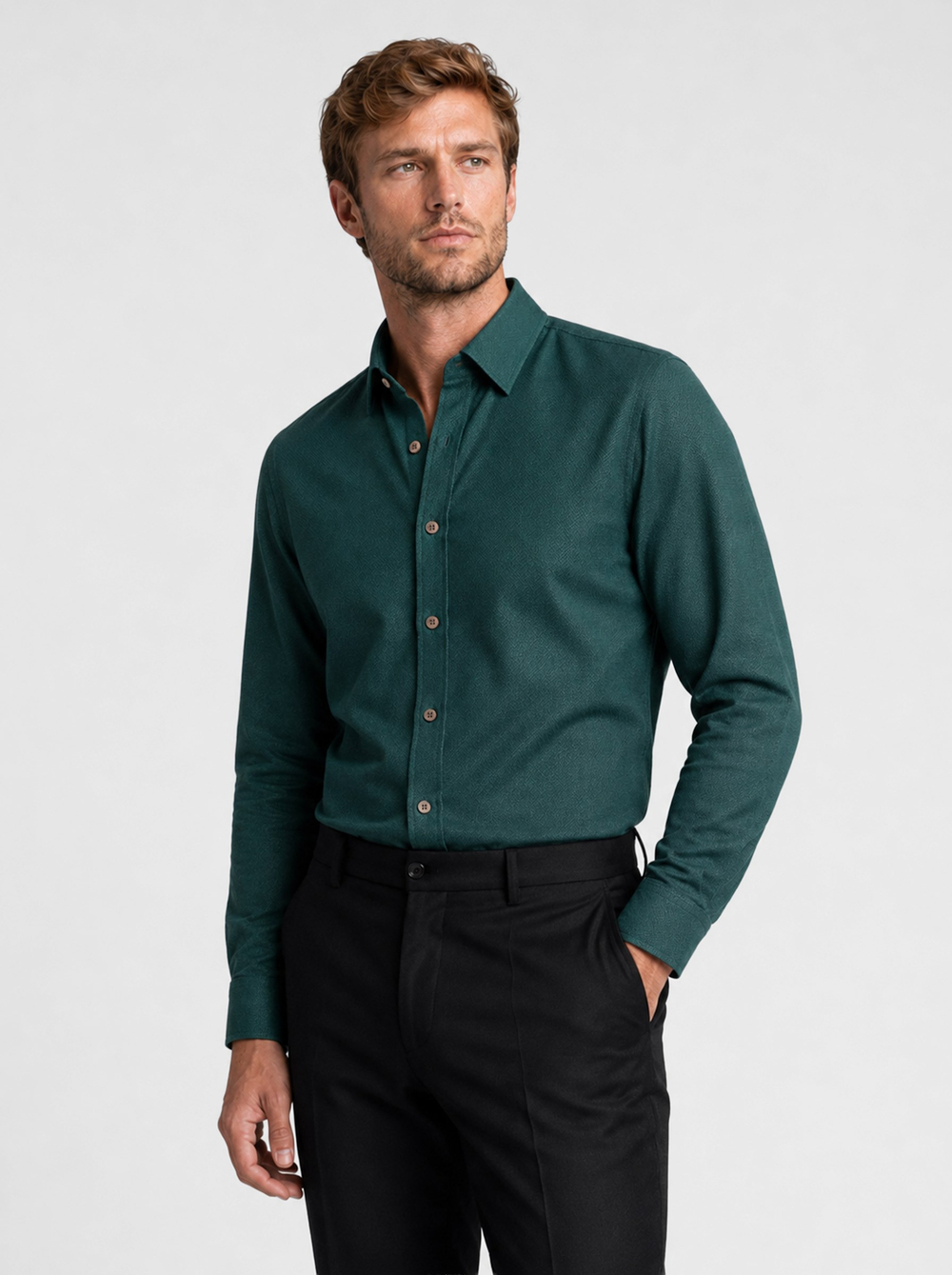 Yeşil Kahve Düğmeli Slimfit Erkek Gömlek