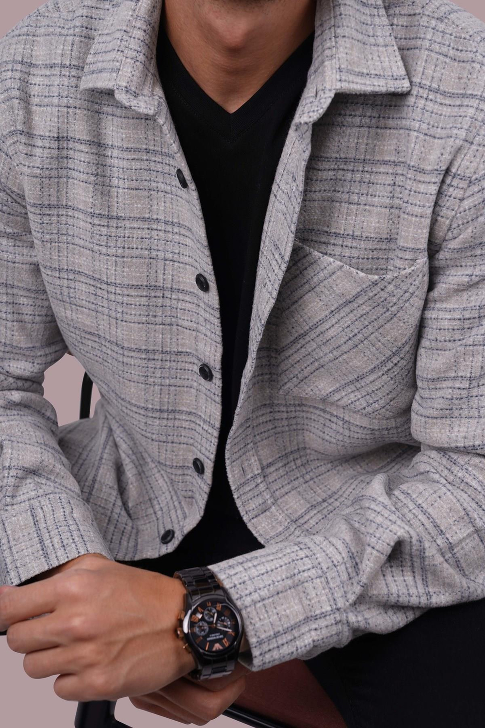 Gri Hasır Desenli Oversize Oduncu Erkek Gömlek