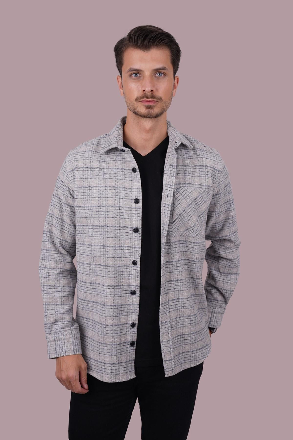 Gri Hasır Desenli Oversize Oduncu Erkek Gömlek