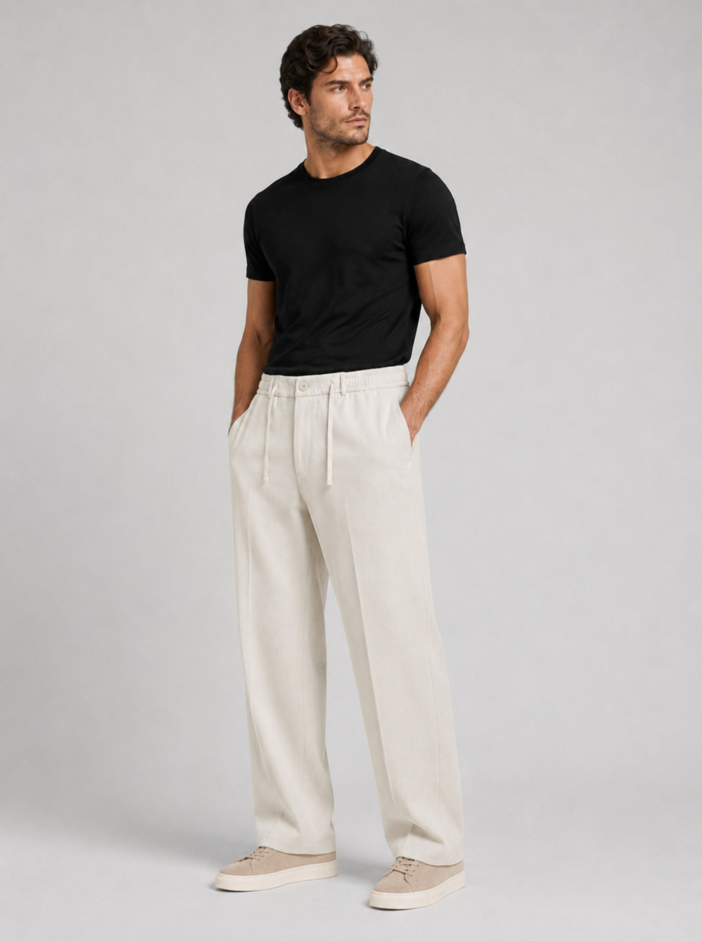  Ekru Relax Fit Bağcıklı Baggy Pantolon