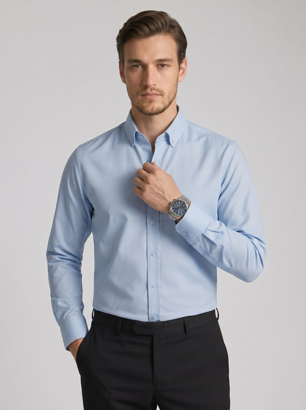 Açık Mavi Yaka Düğmeli Premium Şamre Slimfit Erkek Gömlek