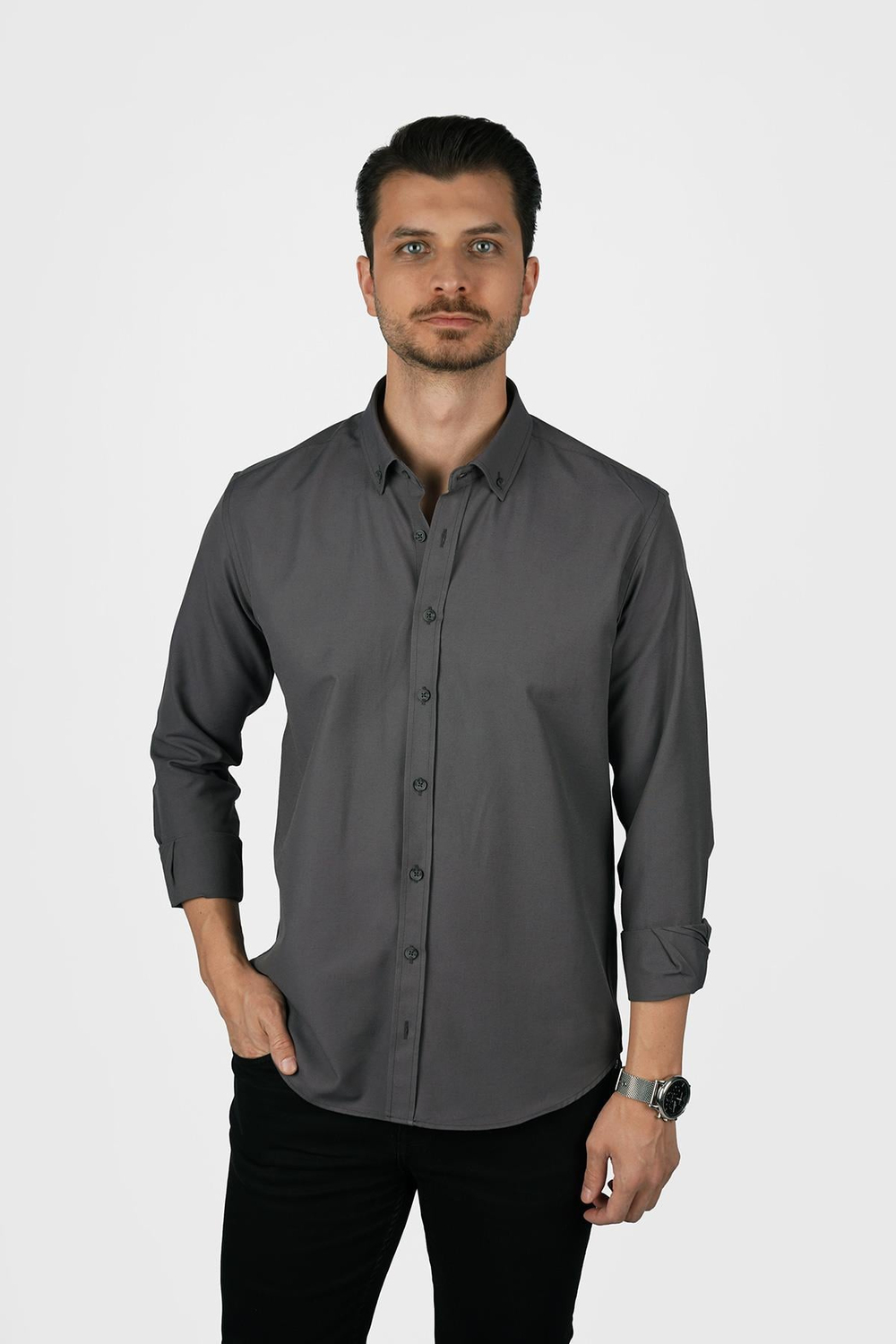 Füme Yaka Düğmeli Premium Şamre Slimfit Erkek Gömlek