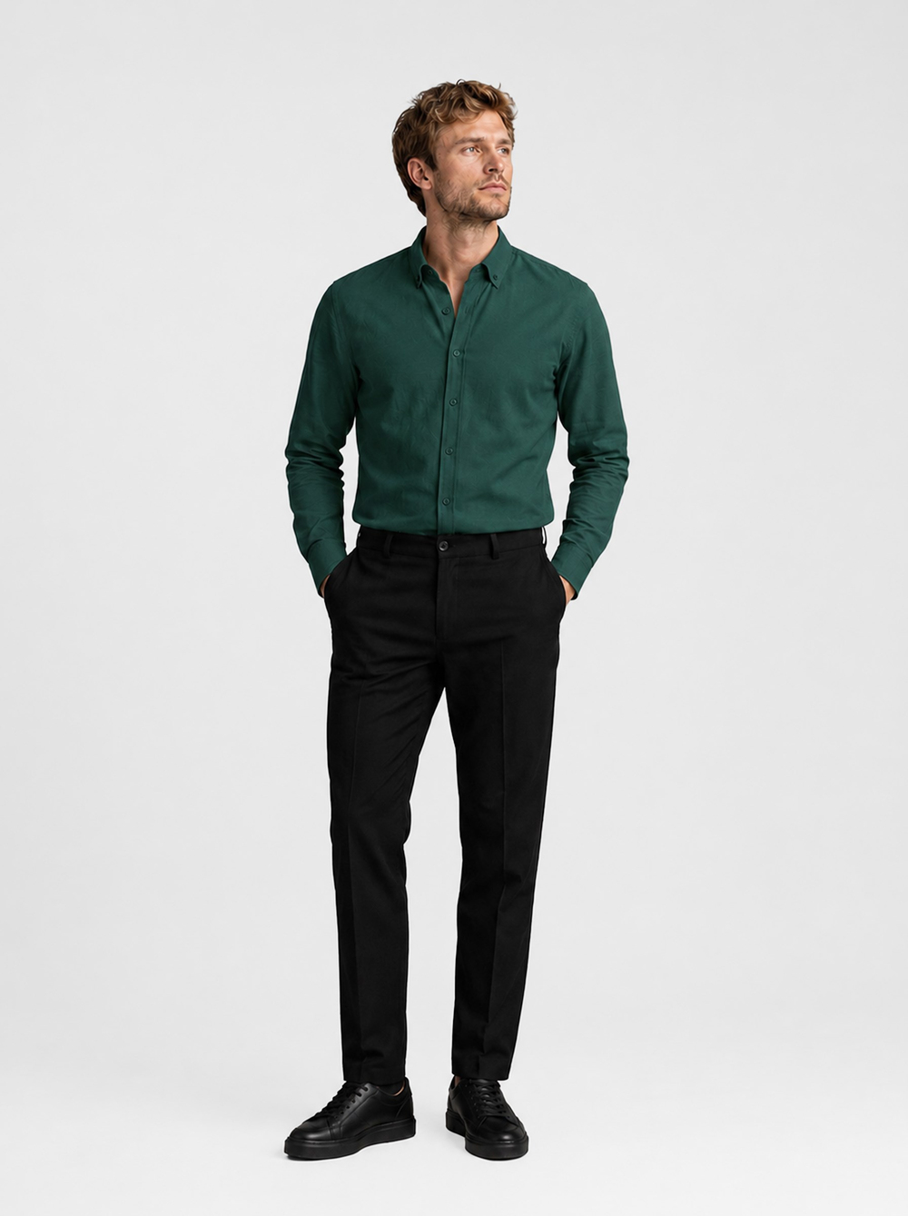 Koyu Yeşil Yaka Düğmeli Premium Şamre Slimfit Erkek Gömlek