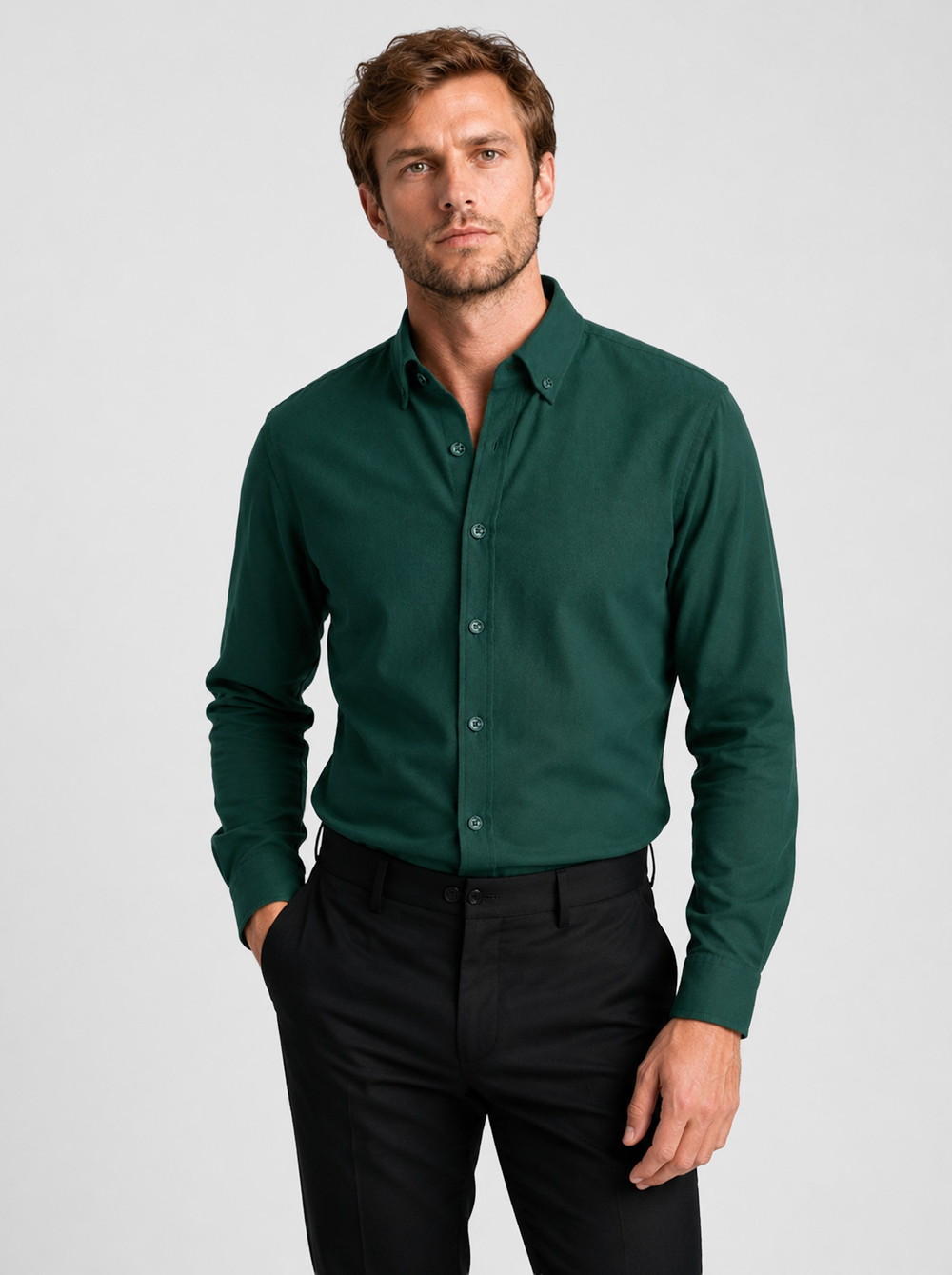 Koyu Yeşil Yaka Düğmeli Premium Şamre Slimfit Erkek Gömlek