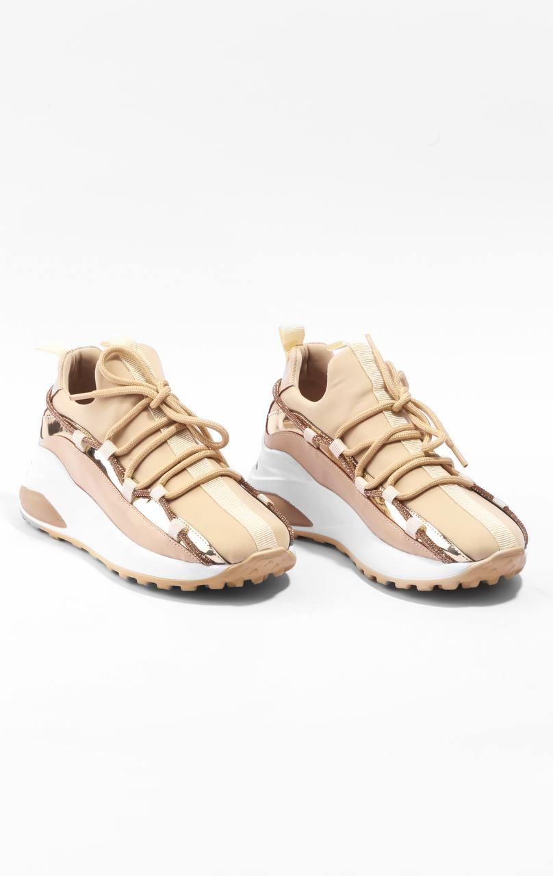 Kadın Bej İnce Şerit Taş Detaylı Sneaker