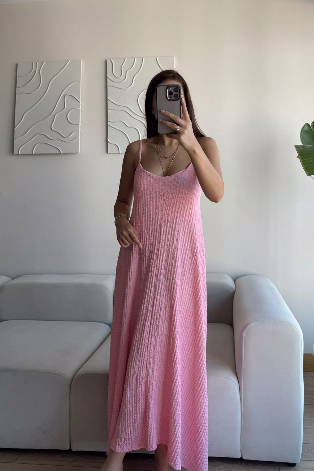 Anna İp Askılı Bubble Elbise 13828 PUDRA