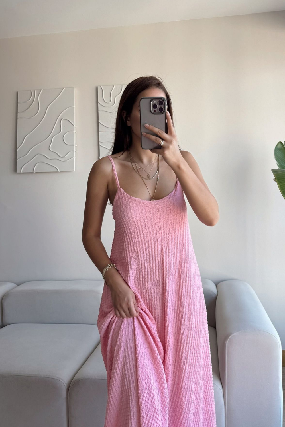 Anna İp Askılı Bubble Elbise 13828 PUDRA
