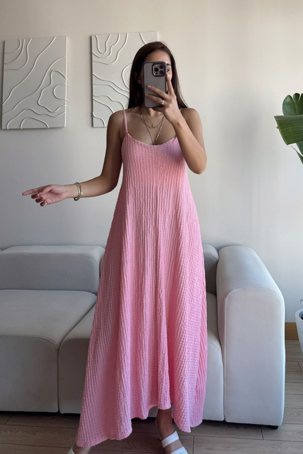 Anna İp Askılı Bubble Elbise 13828 PUDRA