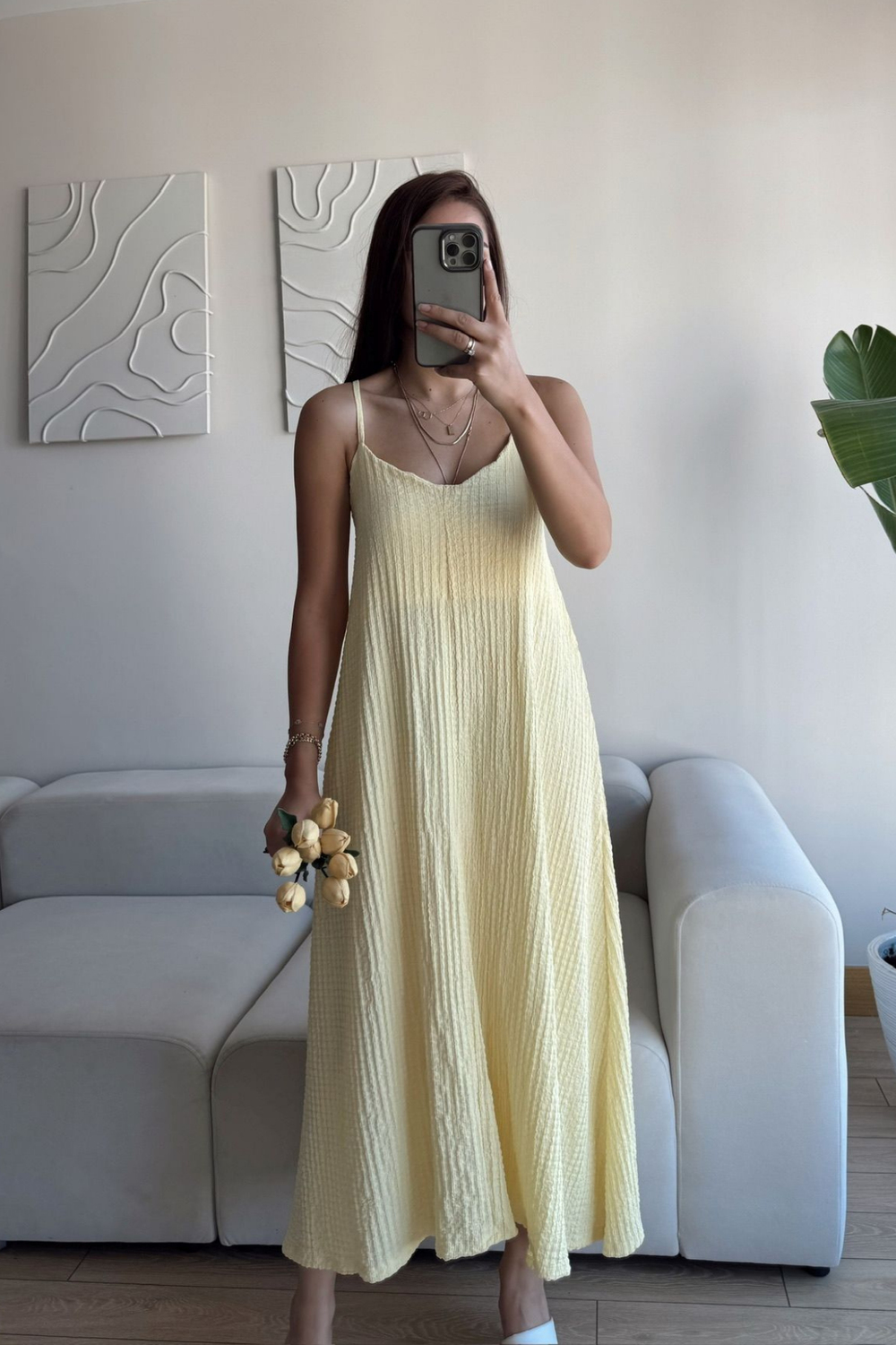 Anna İp Askılı Bubble Elbise 13828 SARI