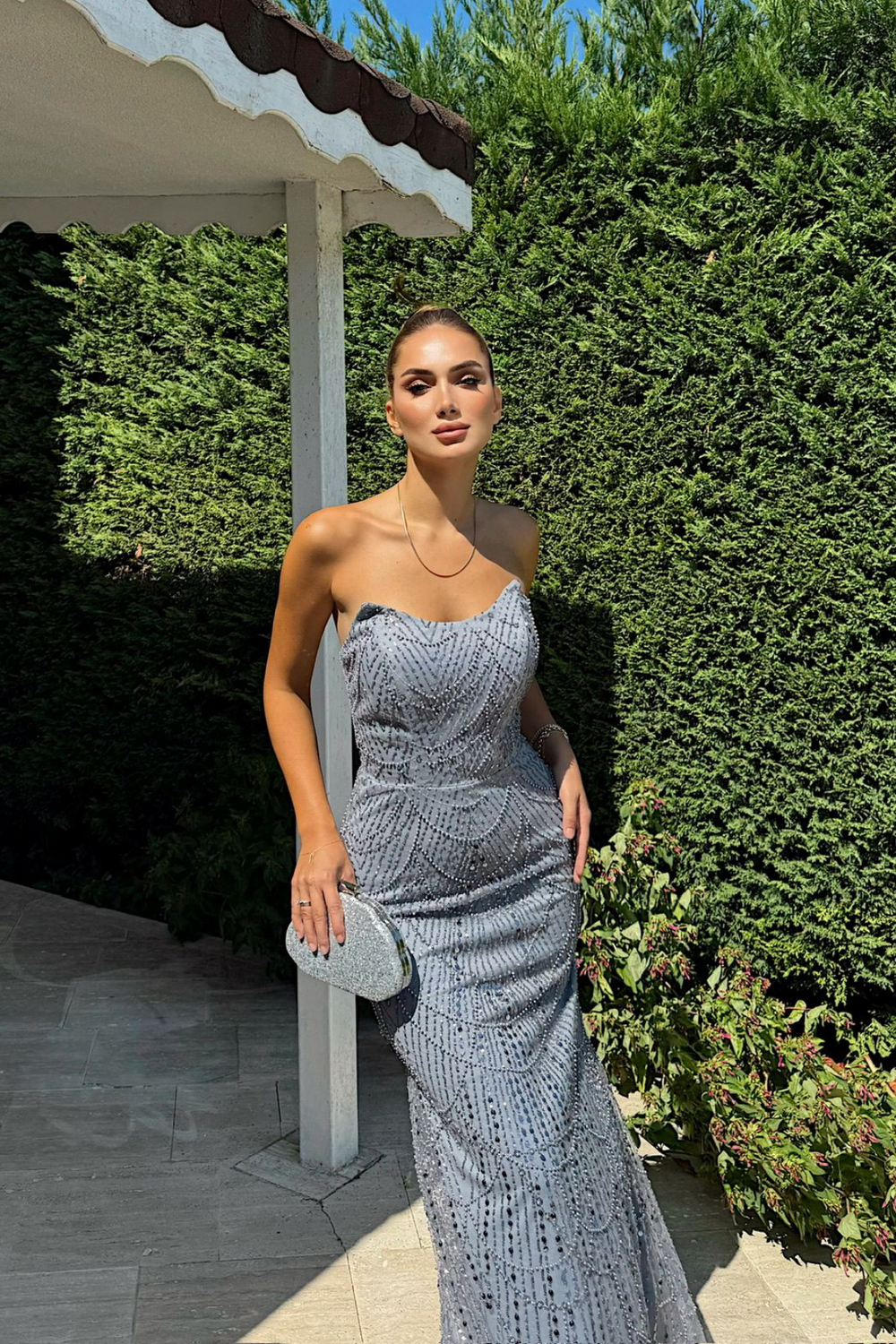 Biana Straplez Boncuklu Abiye 1056 GRİ
