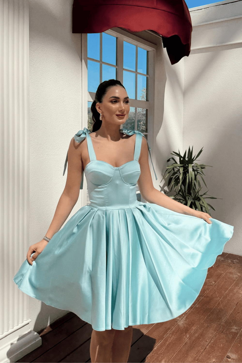 Elçin Balon Etek Askı Kurdele Mini  Elbise 1004