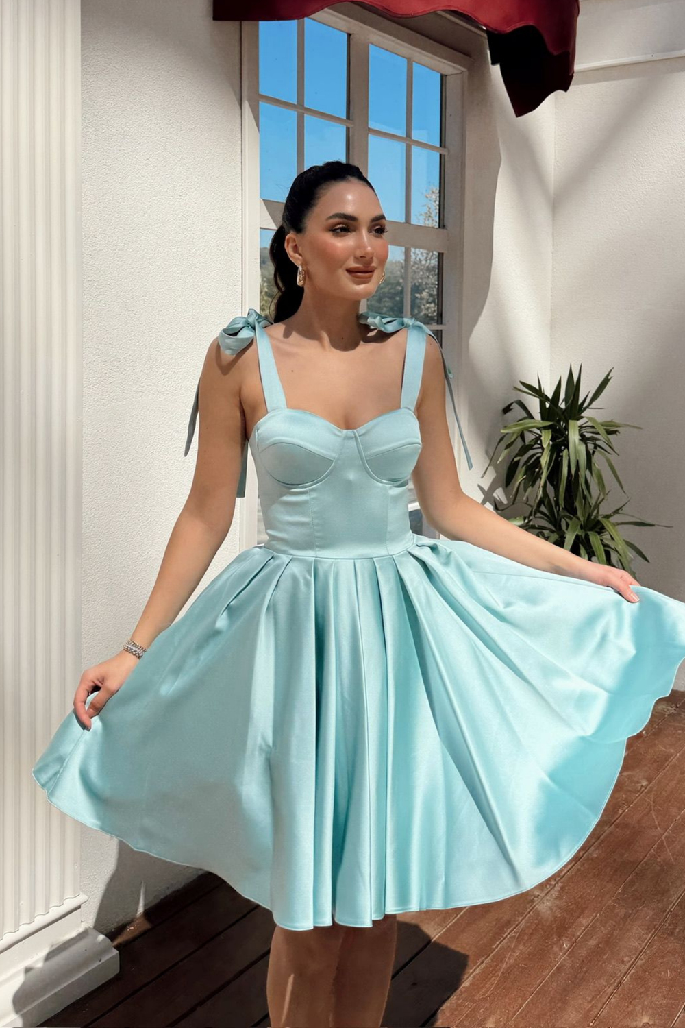 Elçin Balon Etek Askı Kurdele Mini  Elbise 1004