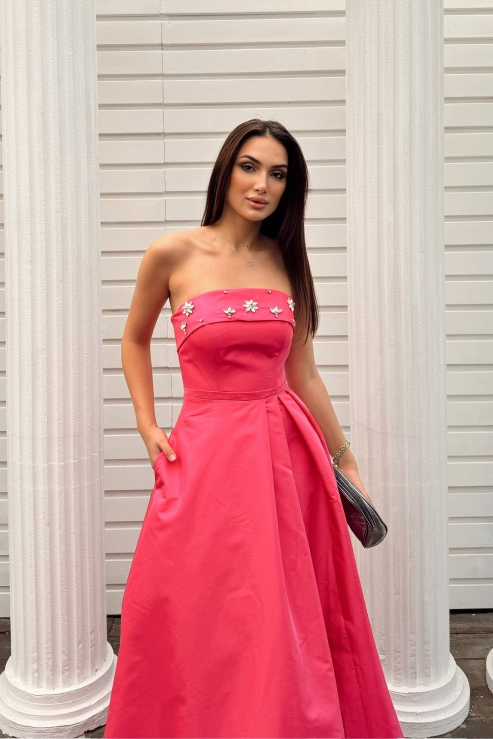 Hazel Straplez Işlemeli Saten Abiye 4747 FUŞYA