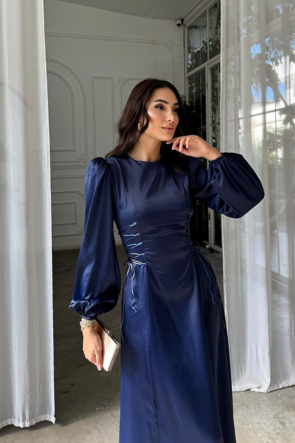 Irmak Yan Bağlama Detay Uzun Abiye 9360 LACİVERT