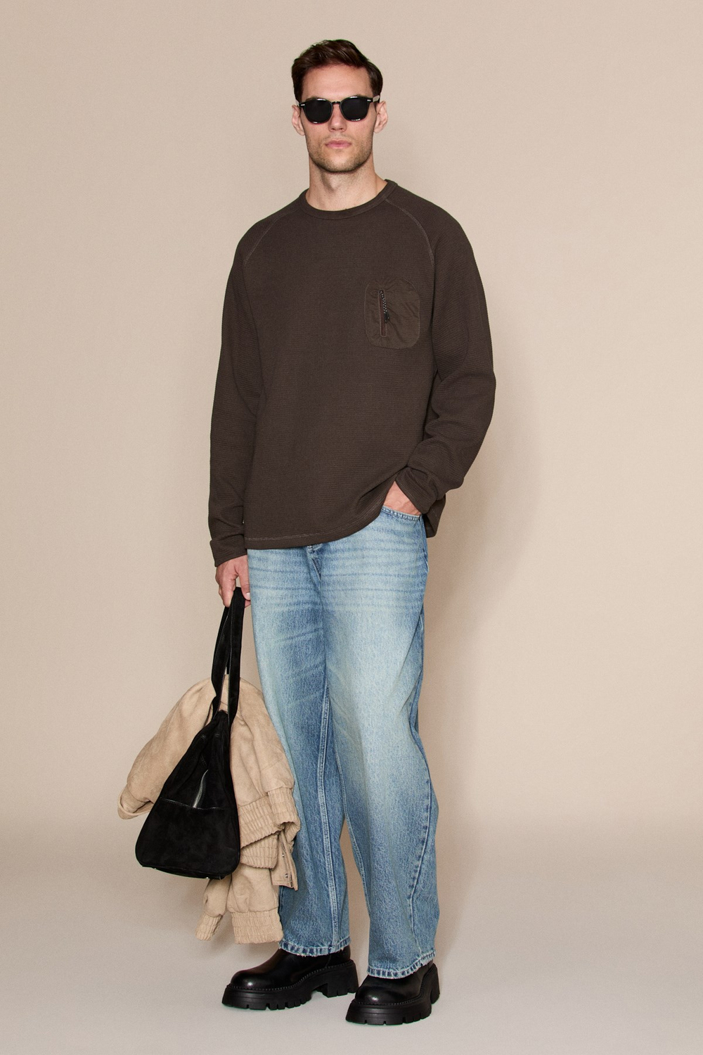 ANDES Erkek Uzun Kollu Cep Detaylı Acı Kahve Sweatshirt