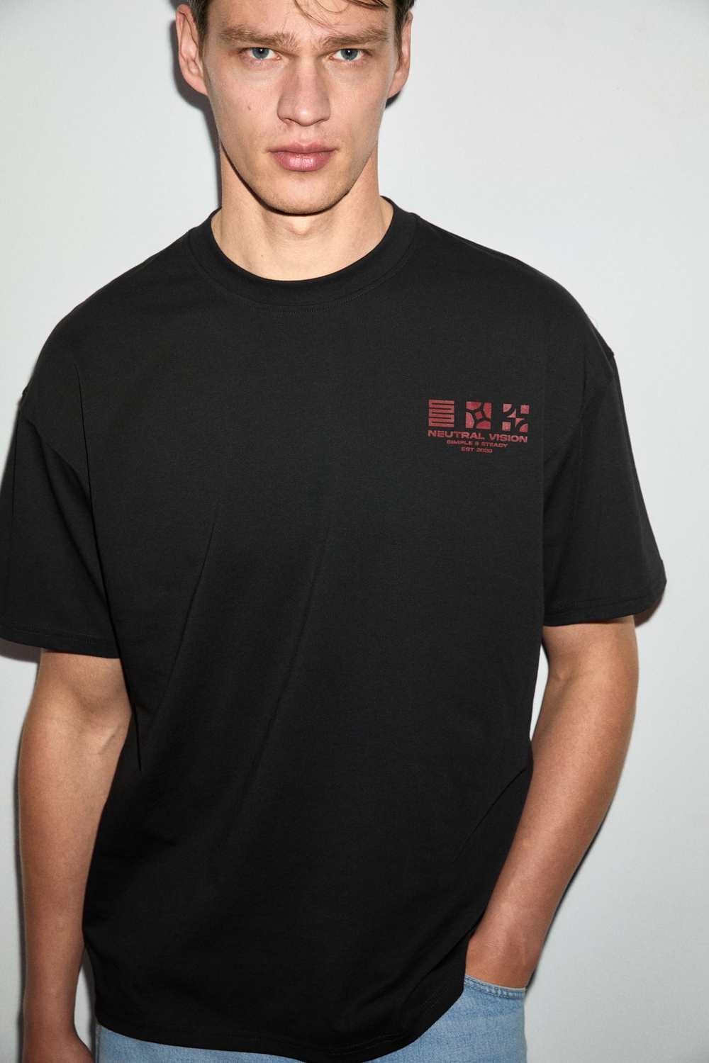 ANTONIO Erkek Baskı Detaylı %100 Organik Pamuk 3 İplik Örme Oversize Siyah T-Shirt