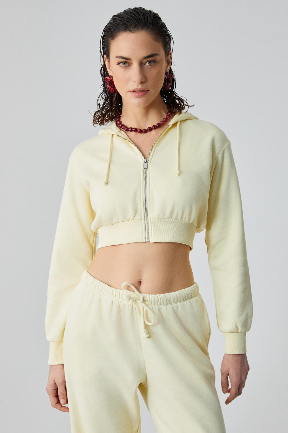 ARUBA Kadın %100 Pamuk Uzun Kol Crop Sarı Sweatshirt