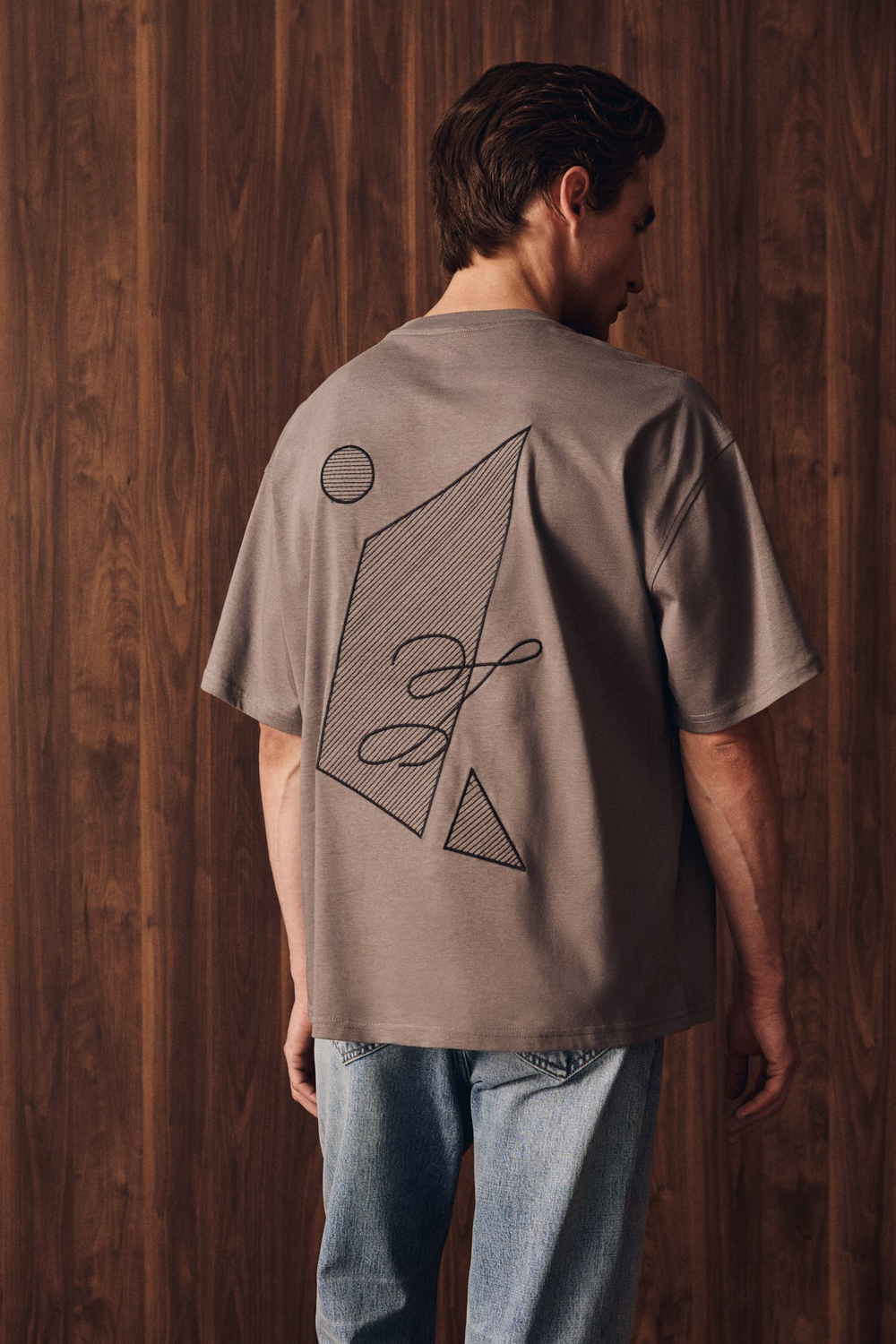 ASELA Erkek Ön Ve Arkası Nakış Detaylı Kısa Kollu Gri T-Shirt
