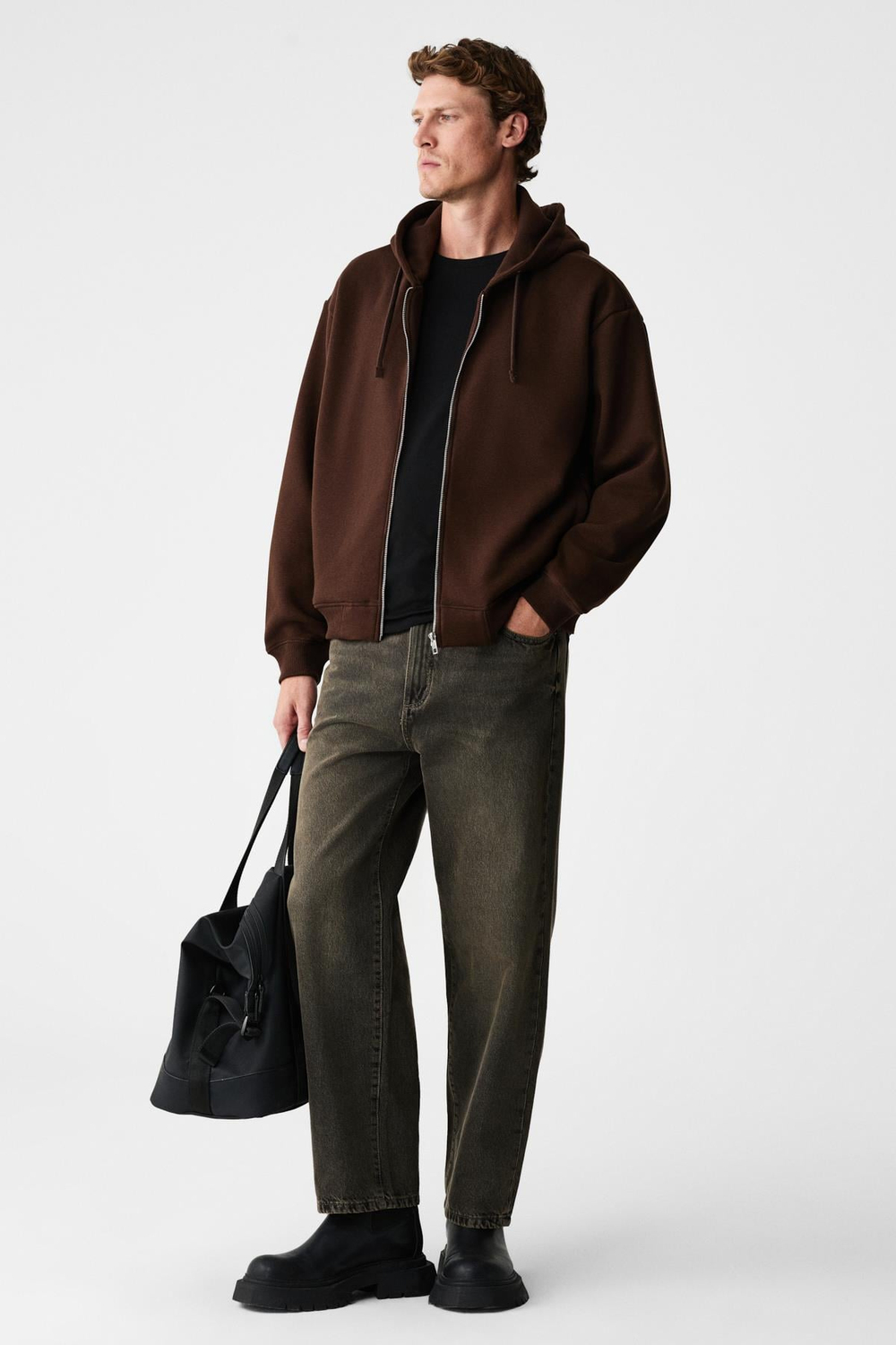 ASHBY Erkek Kapüşonlu Fermuarlı Cepli Kordonlu Boxy Kalıp Acı Kahve Sweatshirt