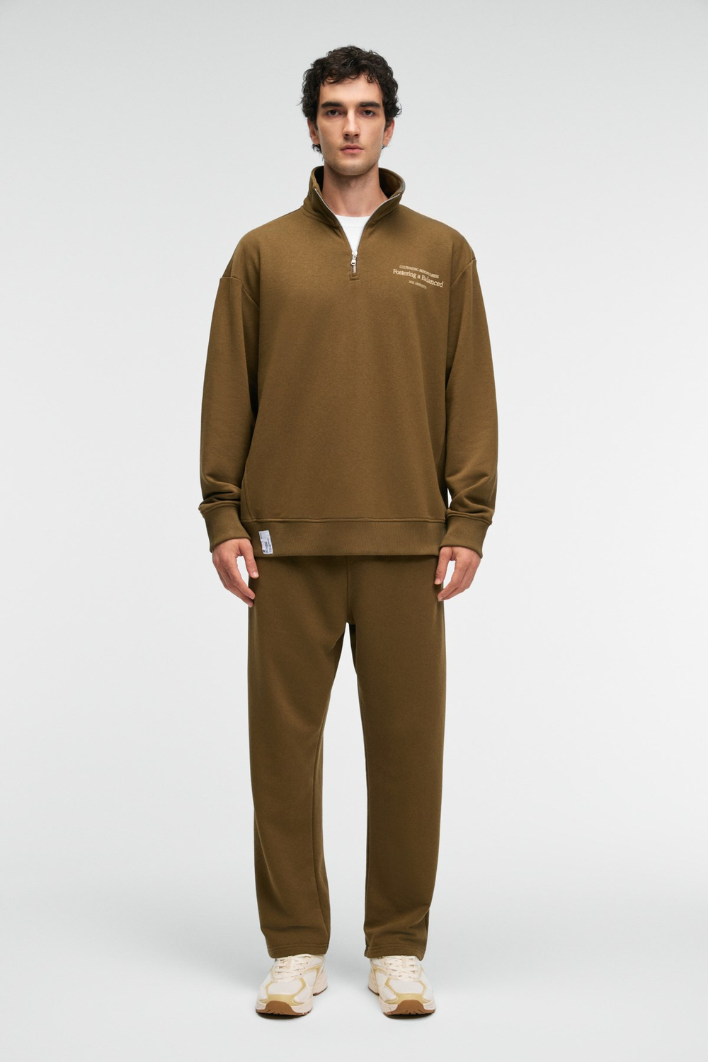 BRAM Erkek %100 Pamuk Dik Yakalı Yarım Fermuarlı Baskılı Haki Sweatshirt