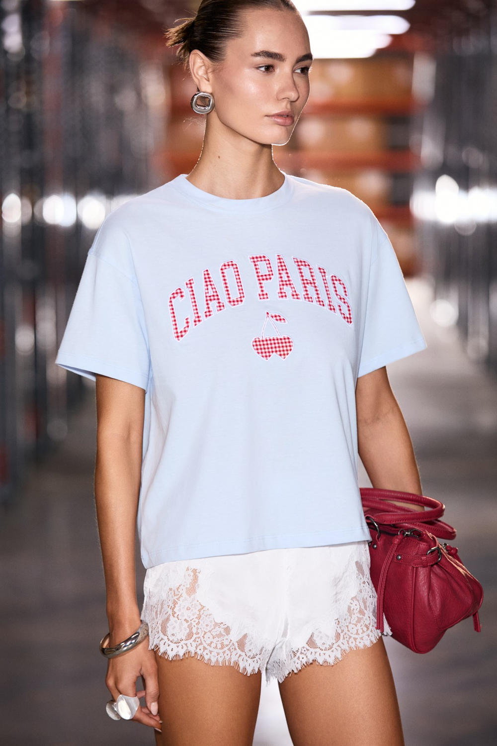CIAETO Kadın %100 Organik Pamuklu Bisiklet Yakalı Dokuma Garni Nakışlı Mavi T-Shirt