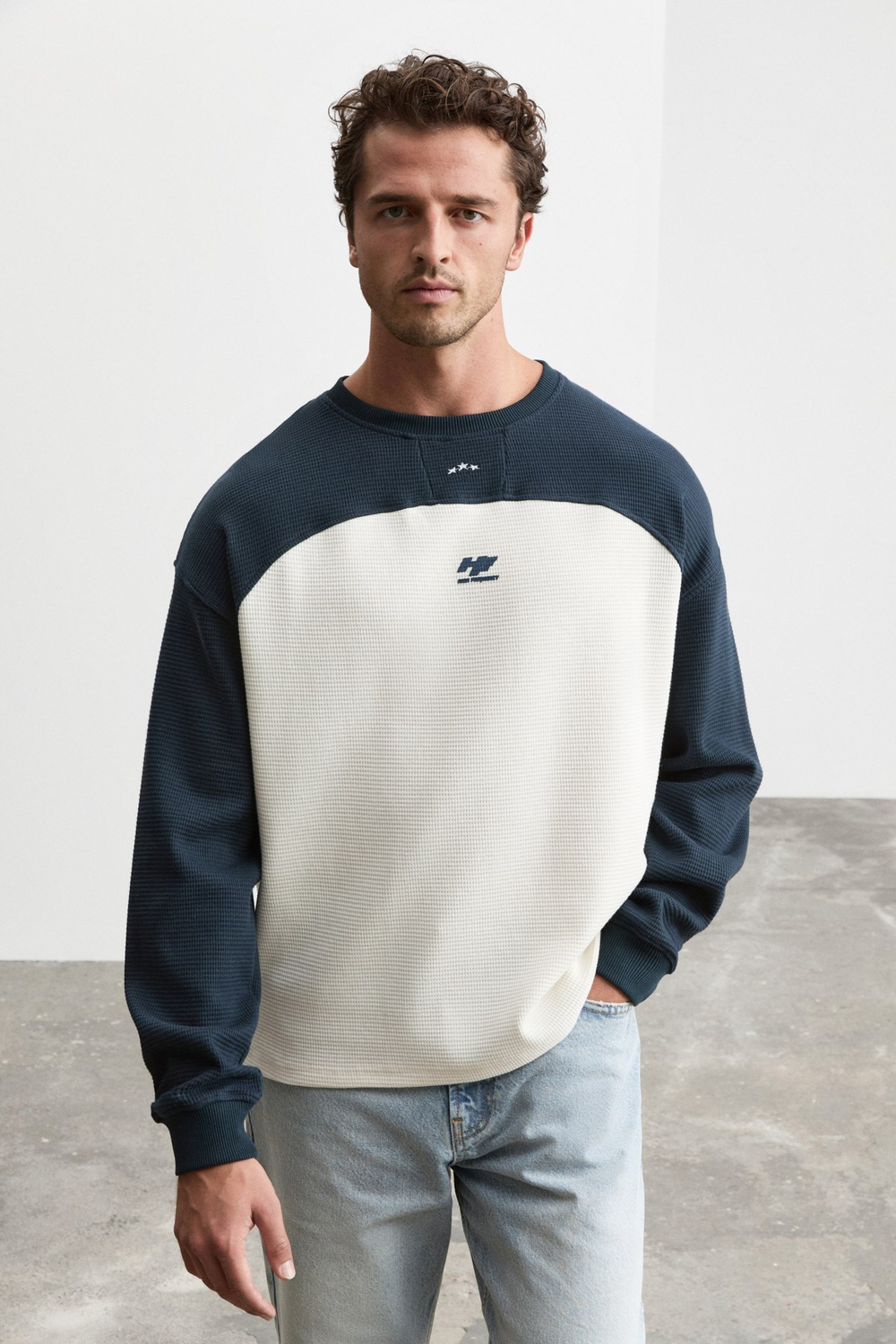 DAMIANO Erkek Organik Pamuklu Garnili Ekru-Lacivert Sweatshirt