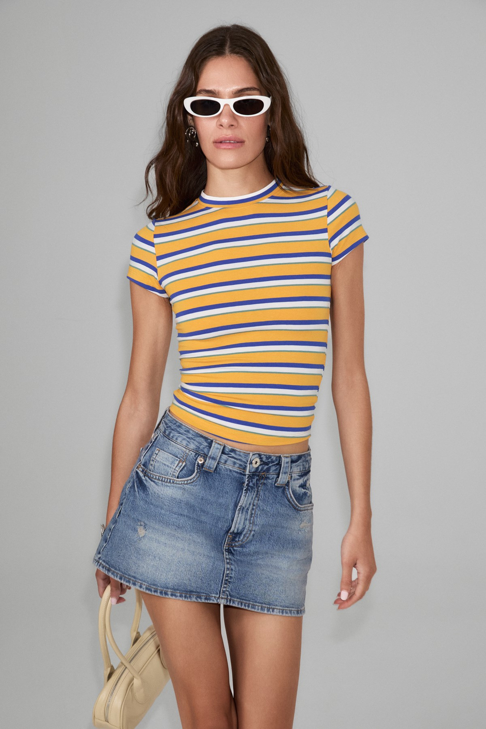 HOPEWELL Kadın Yuvarlak Yaka Örme Slim Fit Parlament Mavi Çizgili T-Shirt