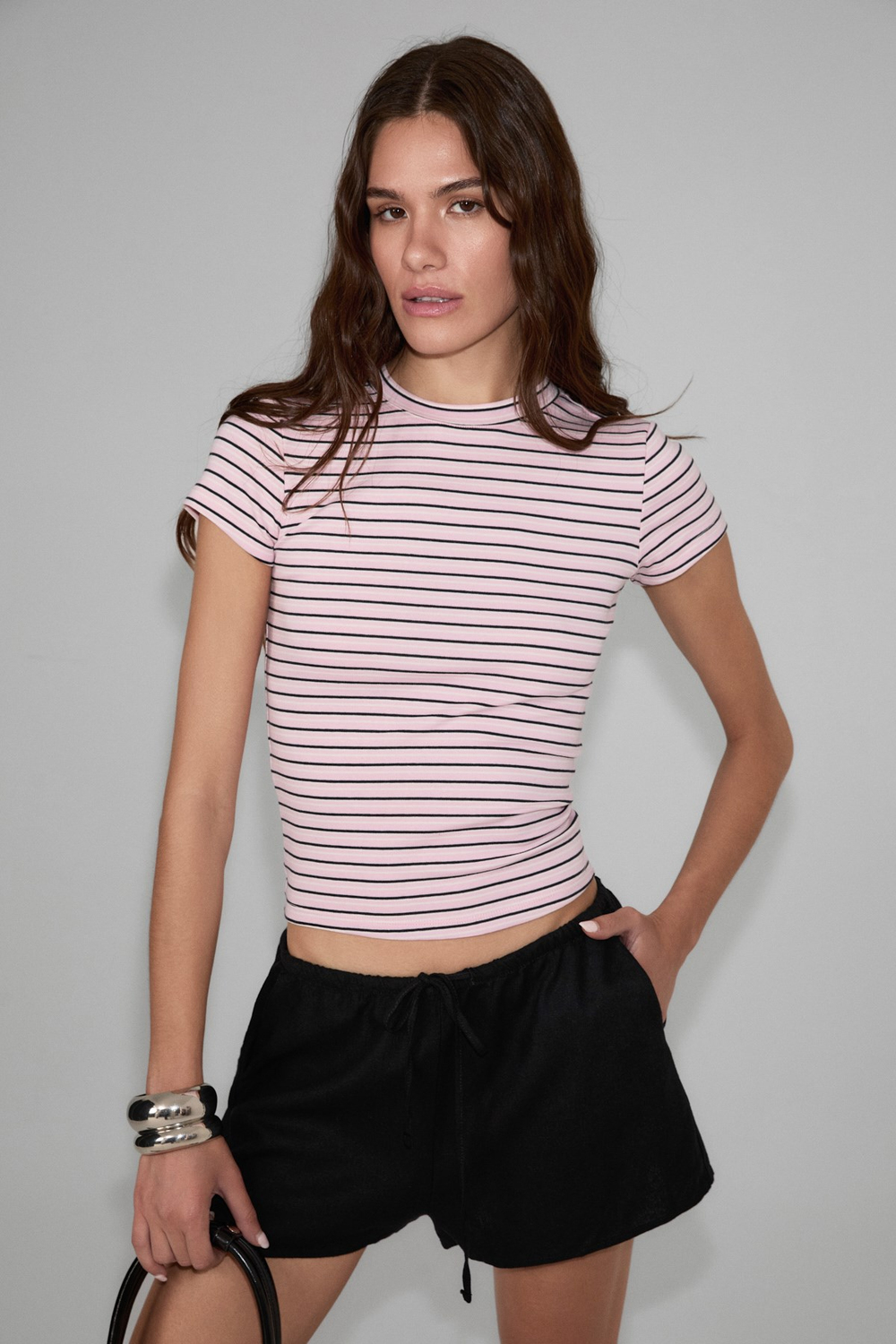 HOPEWELL Kadın Yuvarlak Yaka Örme Slim Fit Pembe-Siyah-Beyaz Çizgili T-Shirt