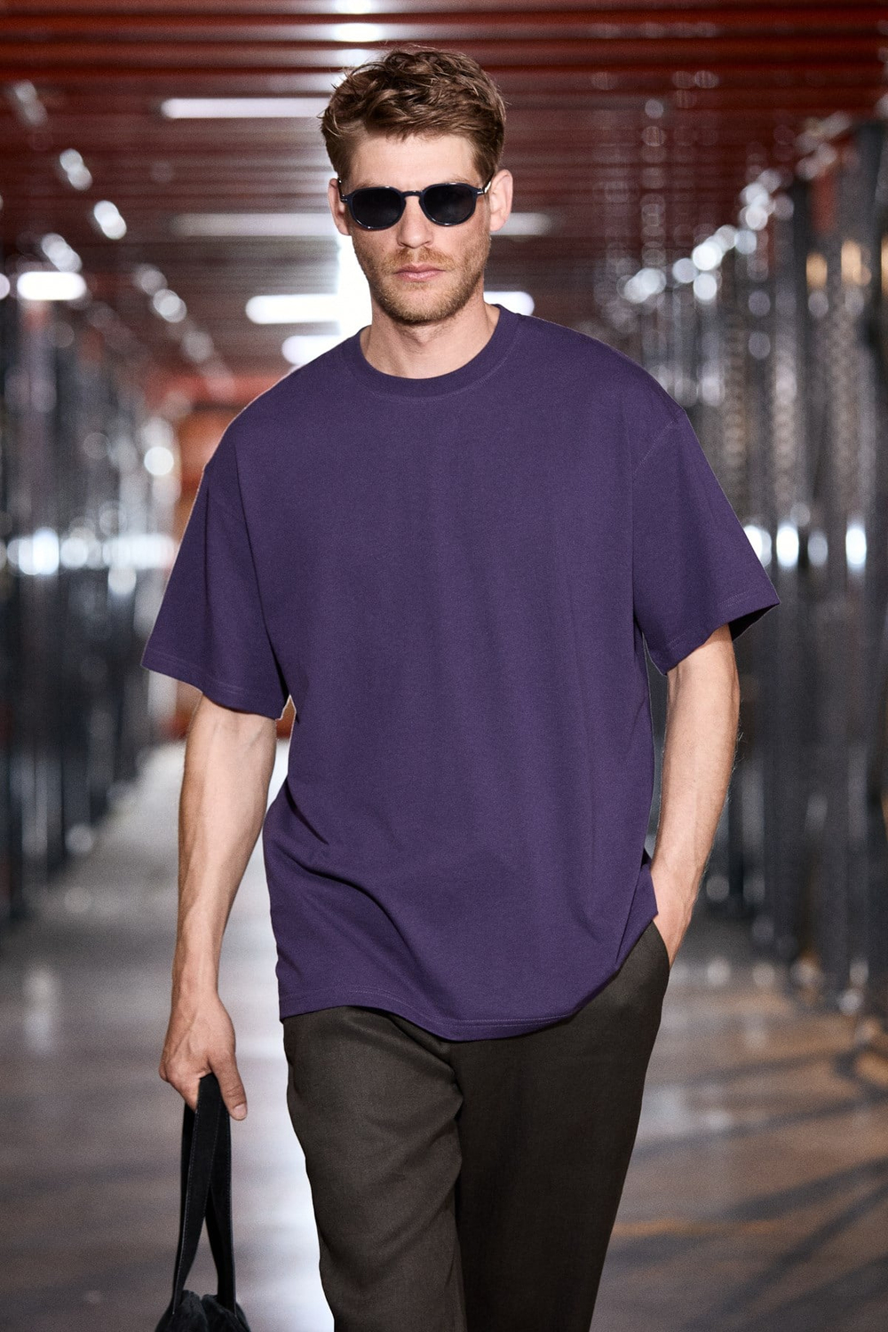 JETT Erkek Oversize Fit %100 organik Pamuk Kalın Dokulu Bisiklet Yakalı Koyu Mor T-Shirt