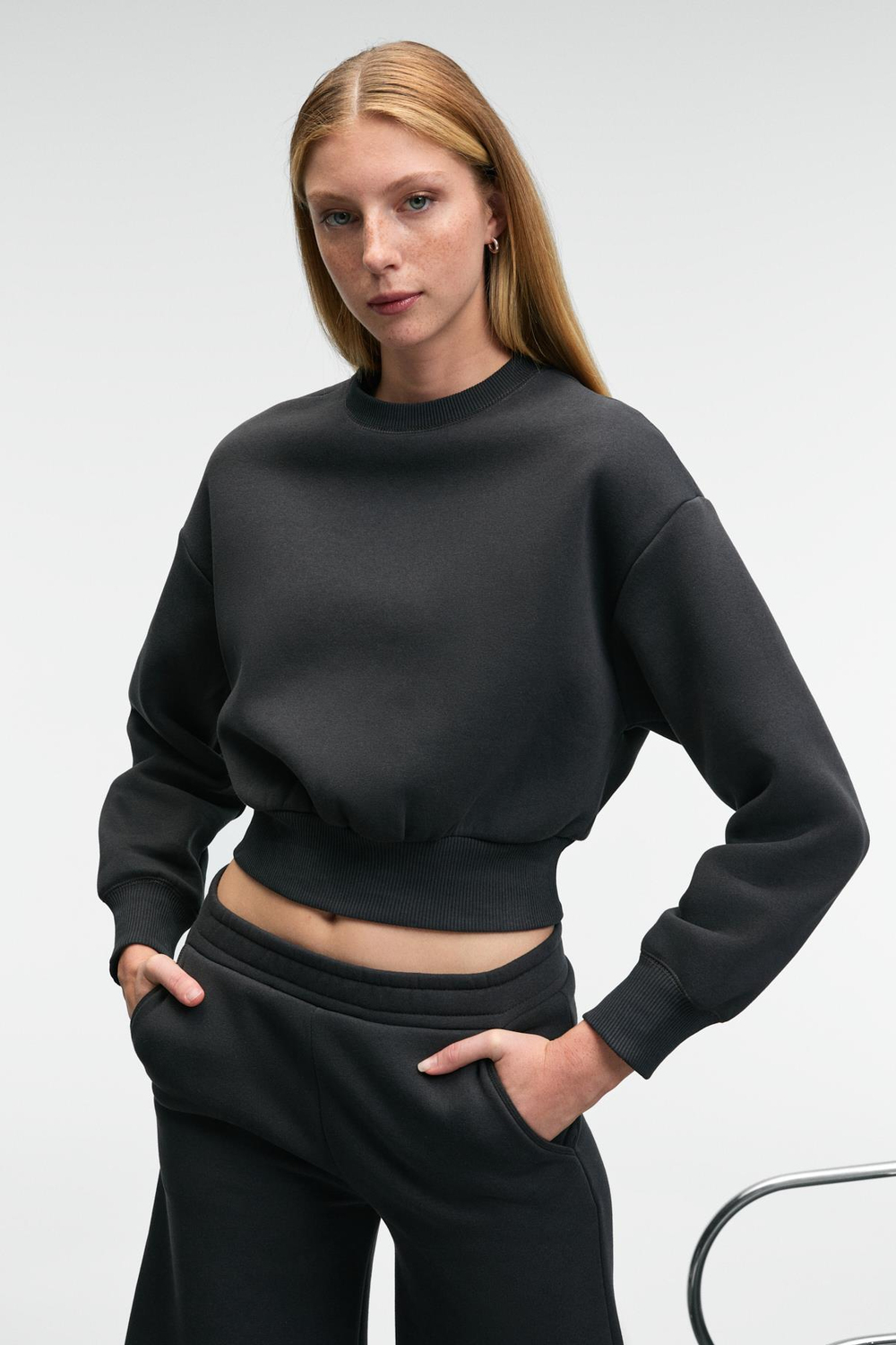 KARALIS Kadın Pamuklu Bisiklet Yaka Crop Antrasit Sweatshirt