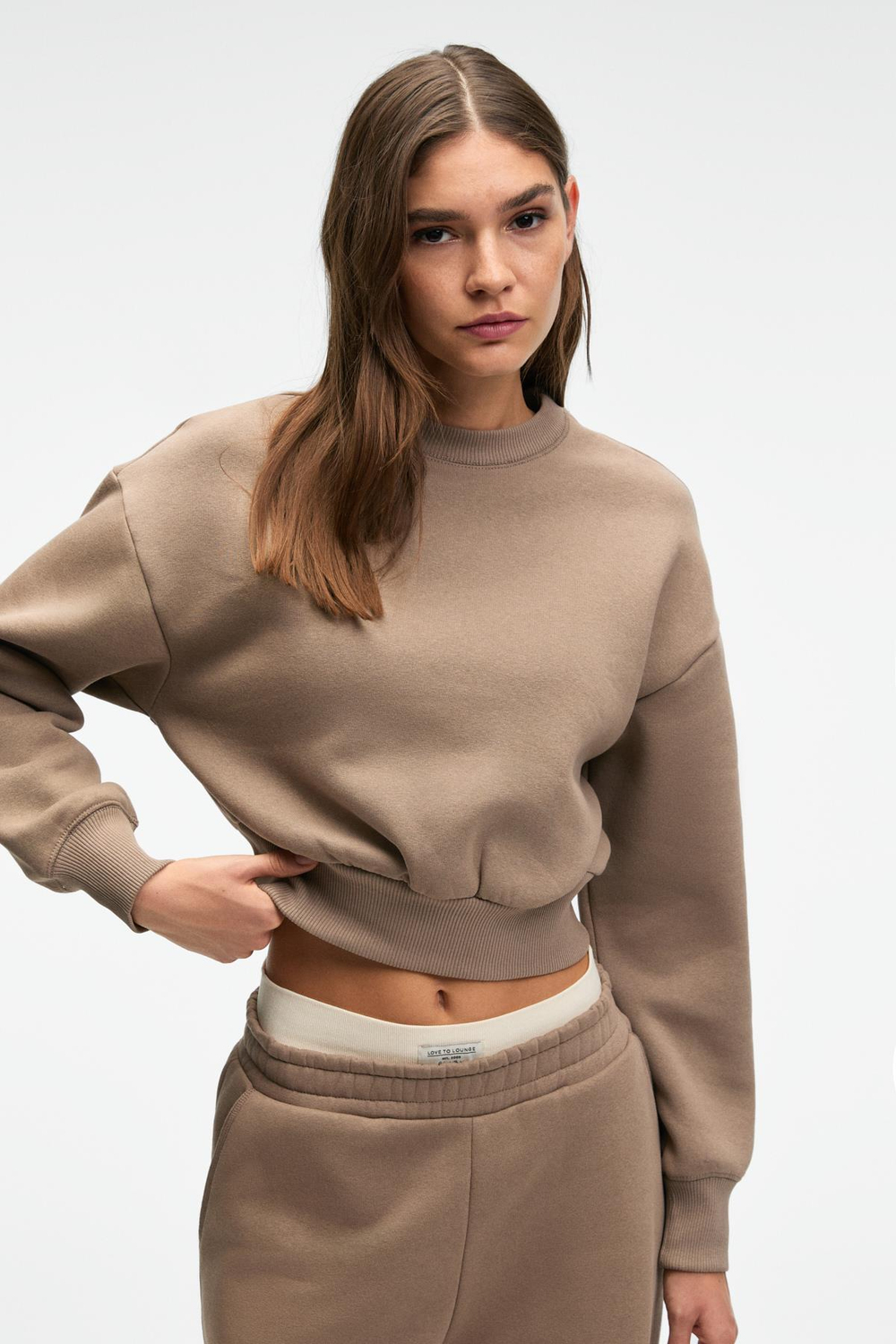 KARALIS Kadın Pamuklu Bisiklet Yaka Crop Vizon Sweatshirt